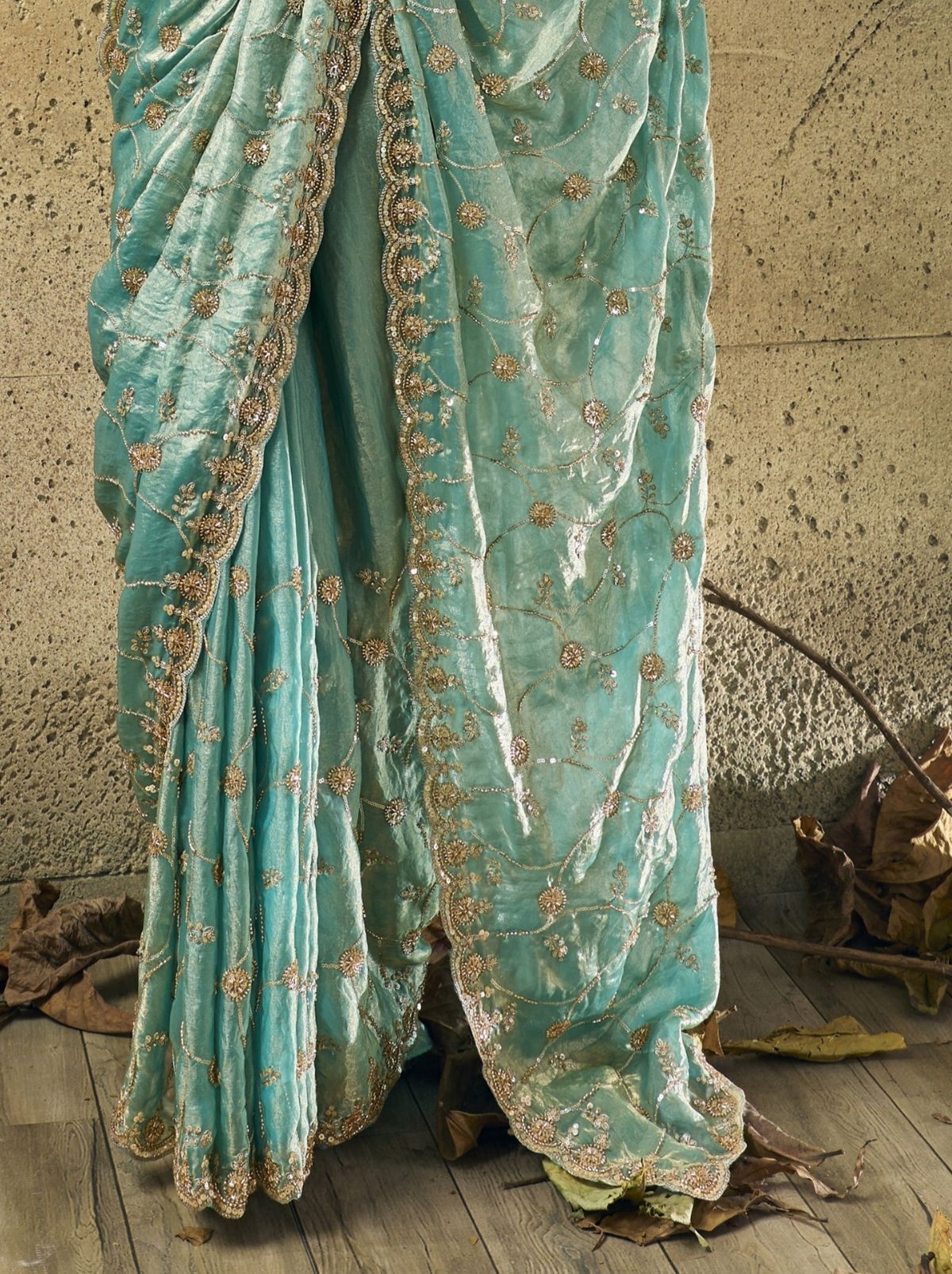 Teal Blue Premium Velvet Satin Saree With Sequin & Zari Work