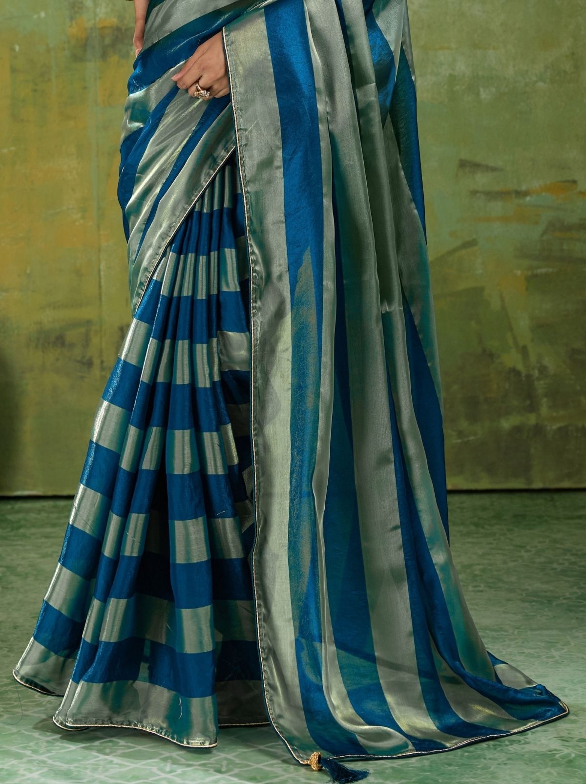 Sapphire Blue Premium Velvet Satin Saree With Tassel Work
