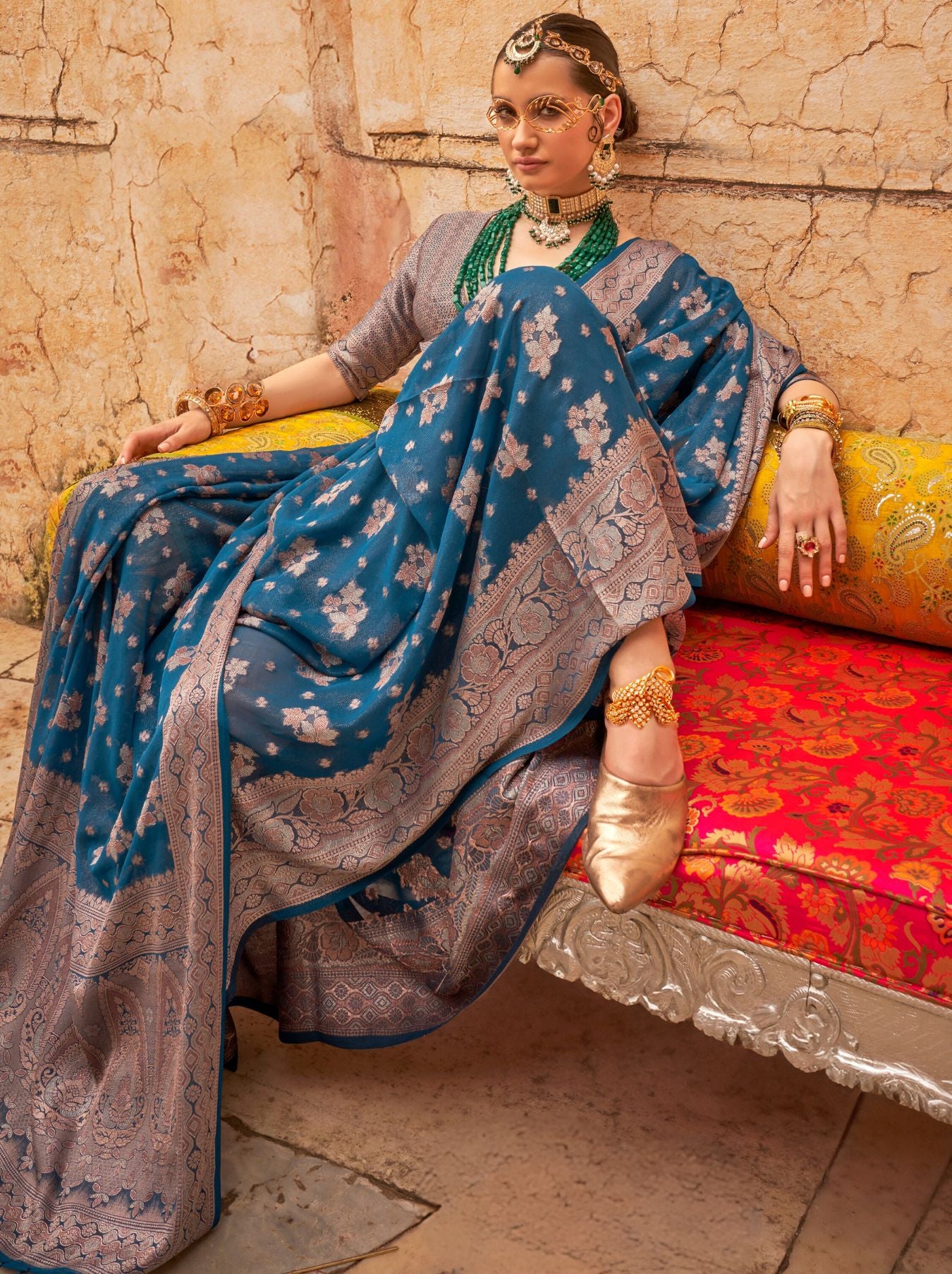 Yale Blue Festive Party Saree - TrendOye