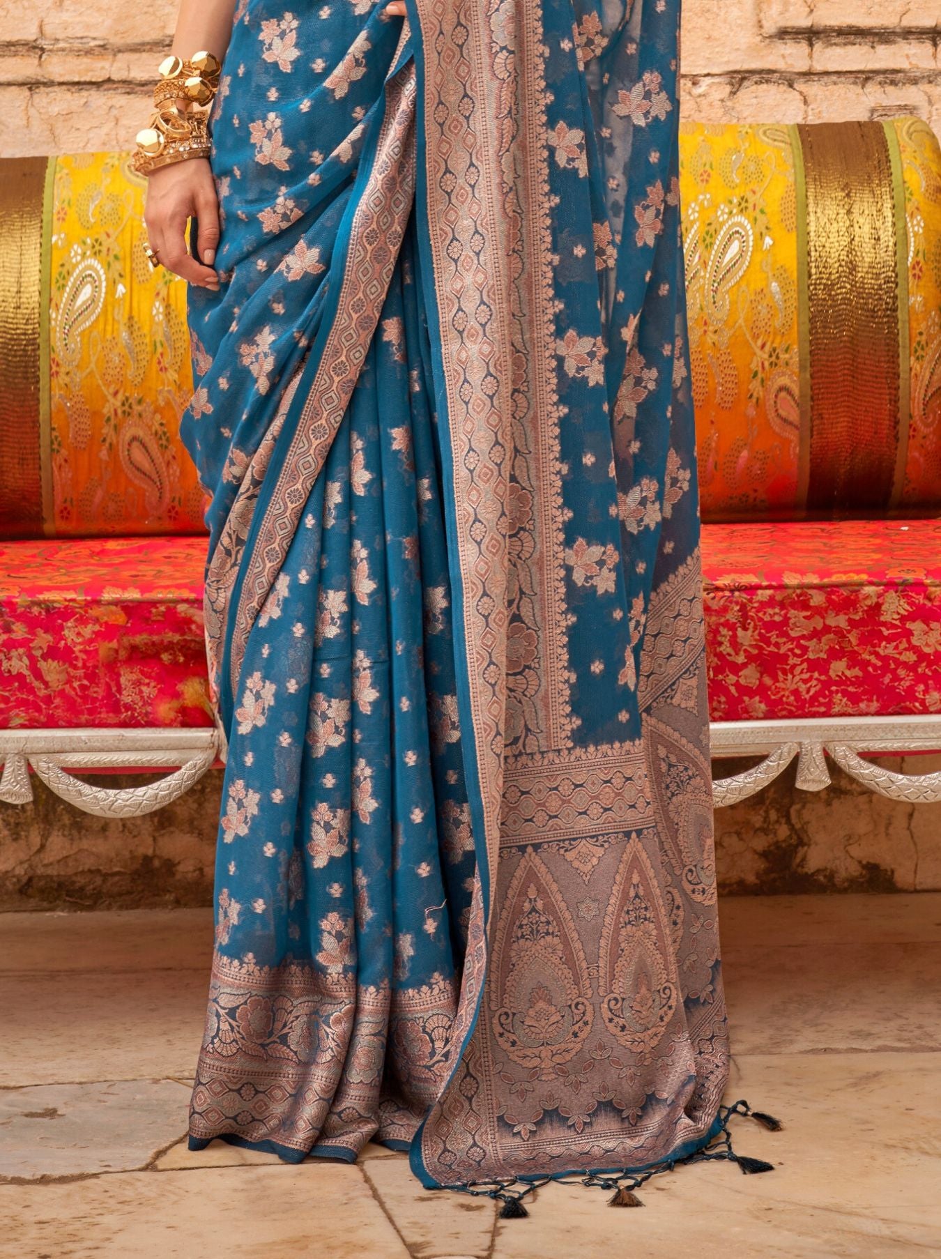 Yale Blue Festive Party Saree - TrendOye