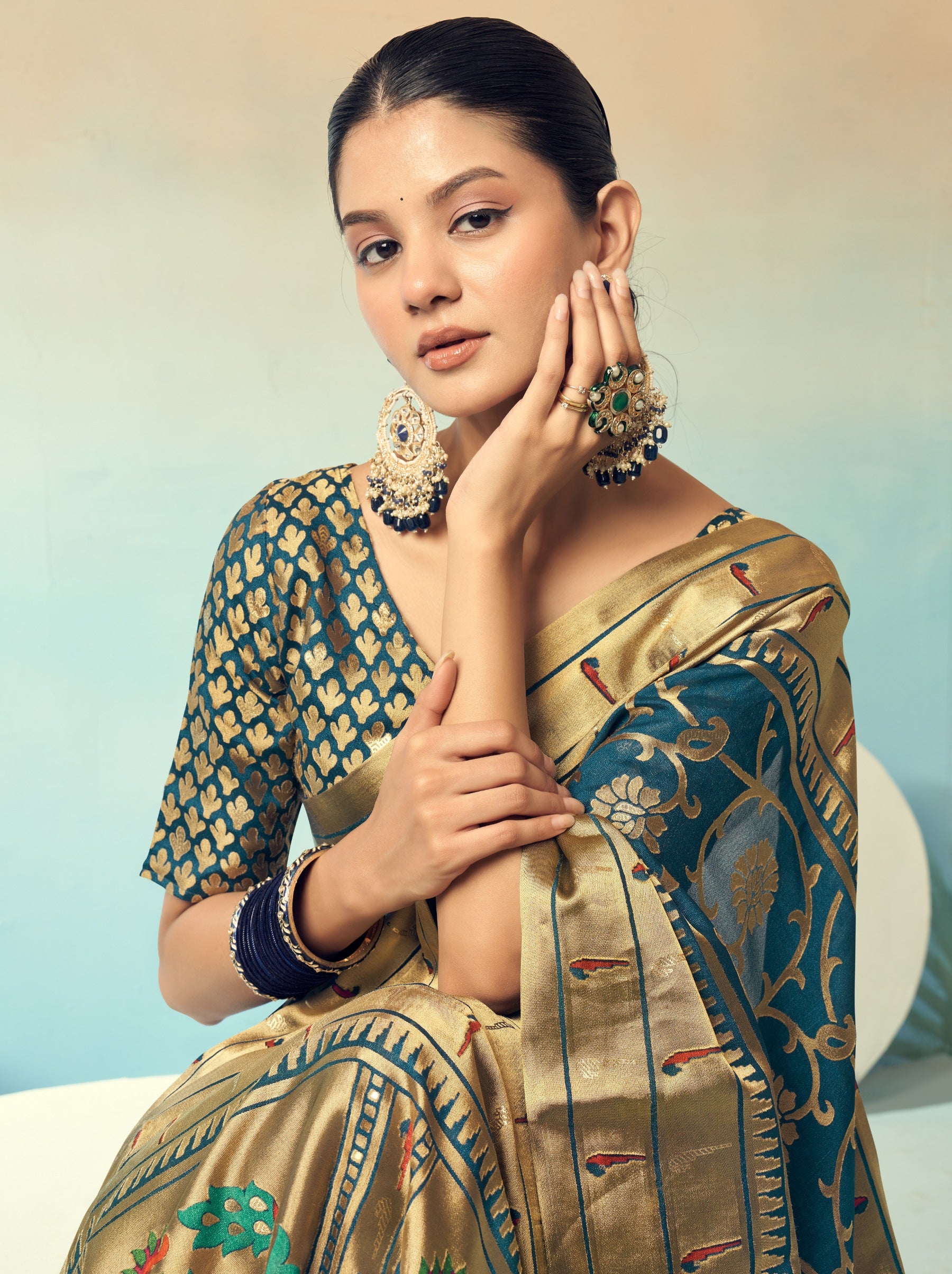 Prussian Blue Premium Georgette Festive Designer Saree With Blouse Piece - TrendOye