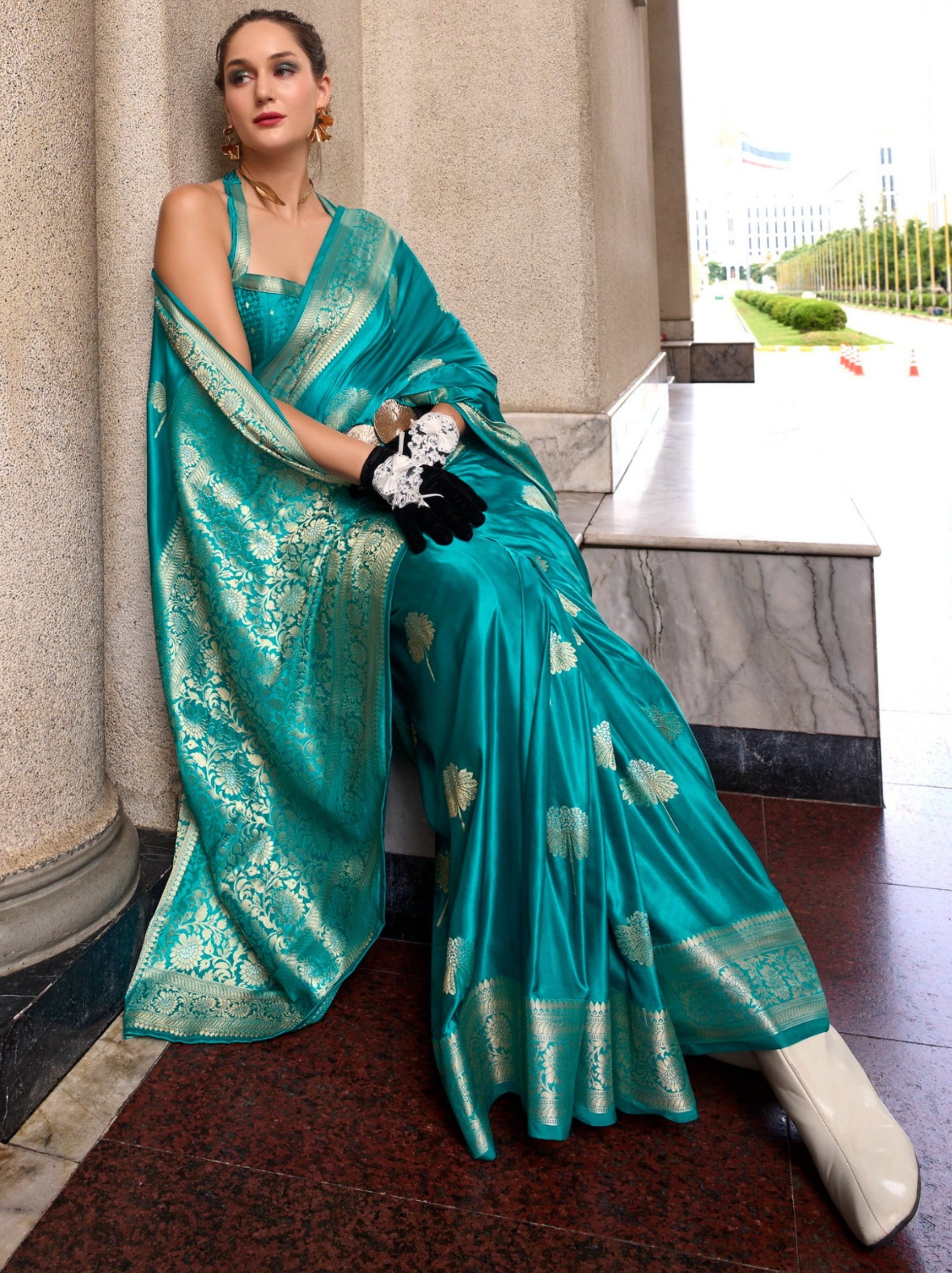 Azure Blue Designer Wedding Saree - TrendOye