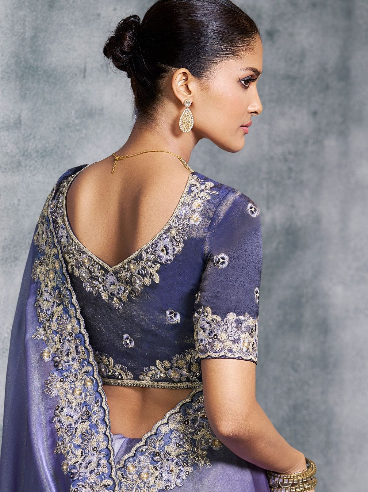 Pigeon Blue Premium Zari Tissue Silk Saree With Tassels