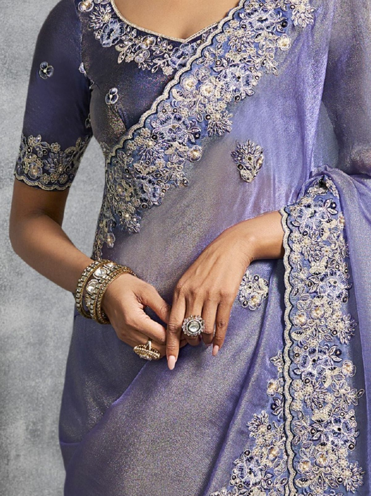 Pigeon Blue Premium Zari Tissue Silk Saree With Tassels