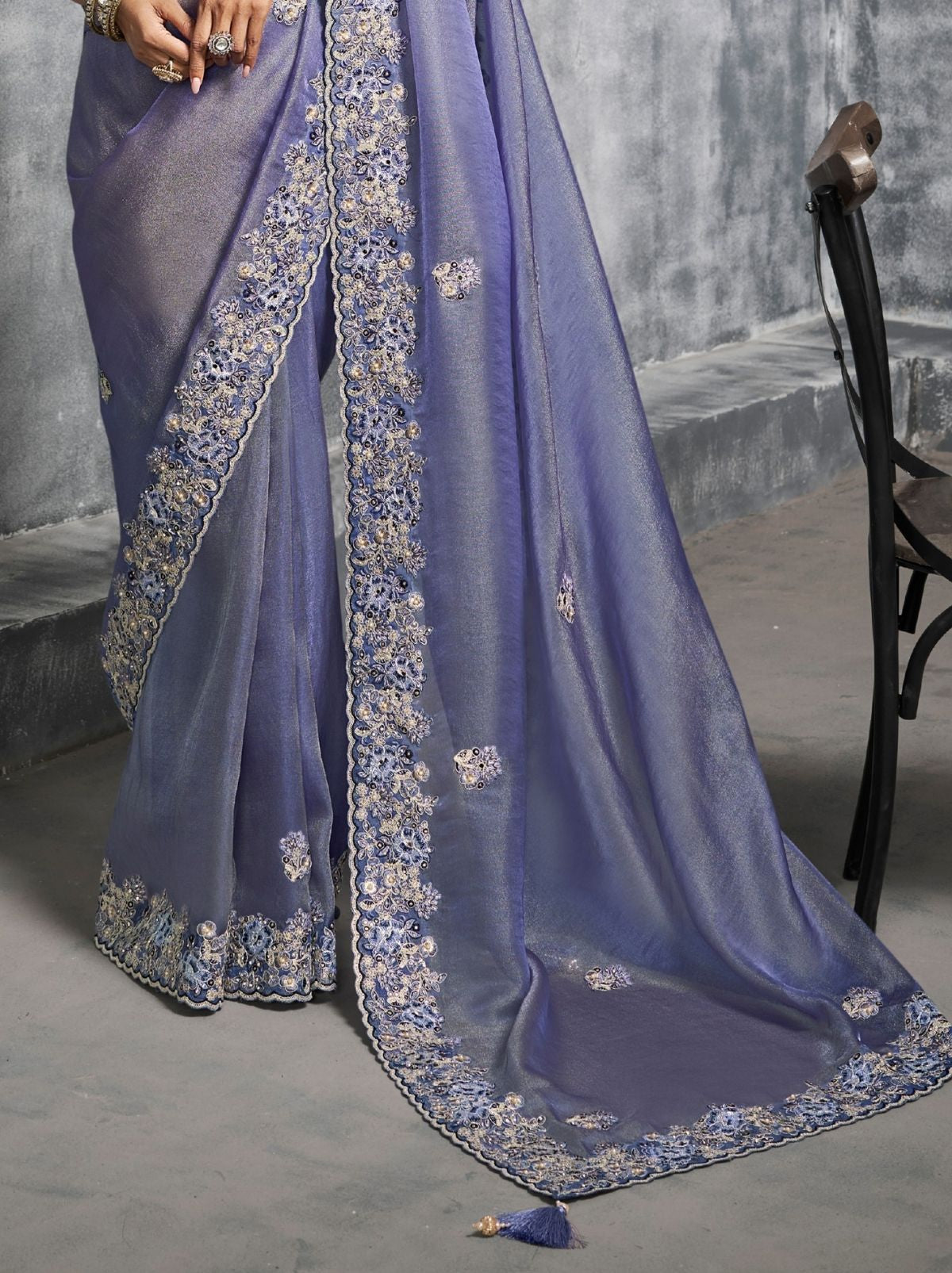 Pigeon Blue Premium Zari Tissue Silk Saree With Tassels