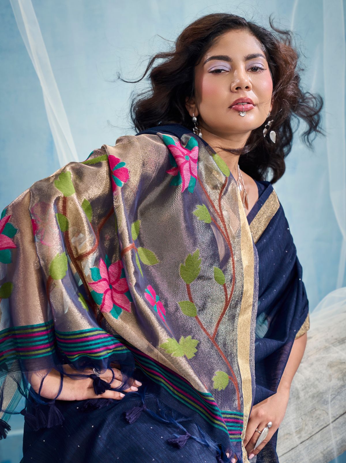 Space Blue Pure Munga Silk Ethnic Saree With Floral Work