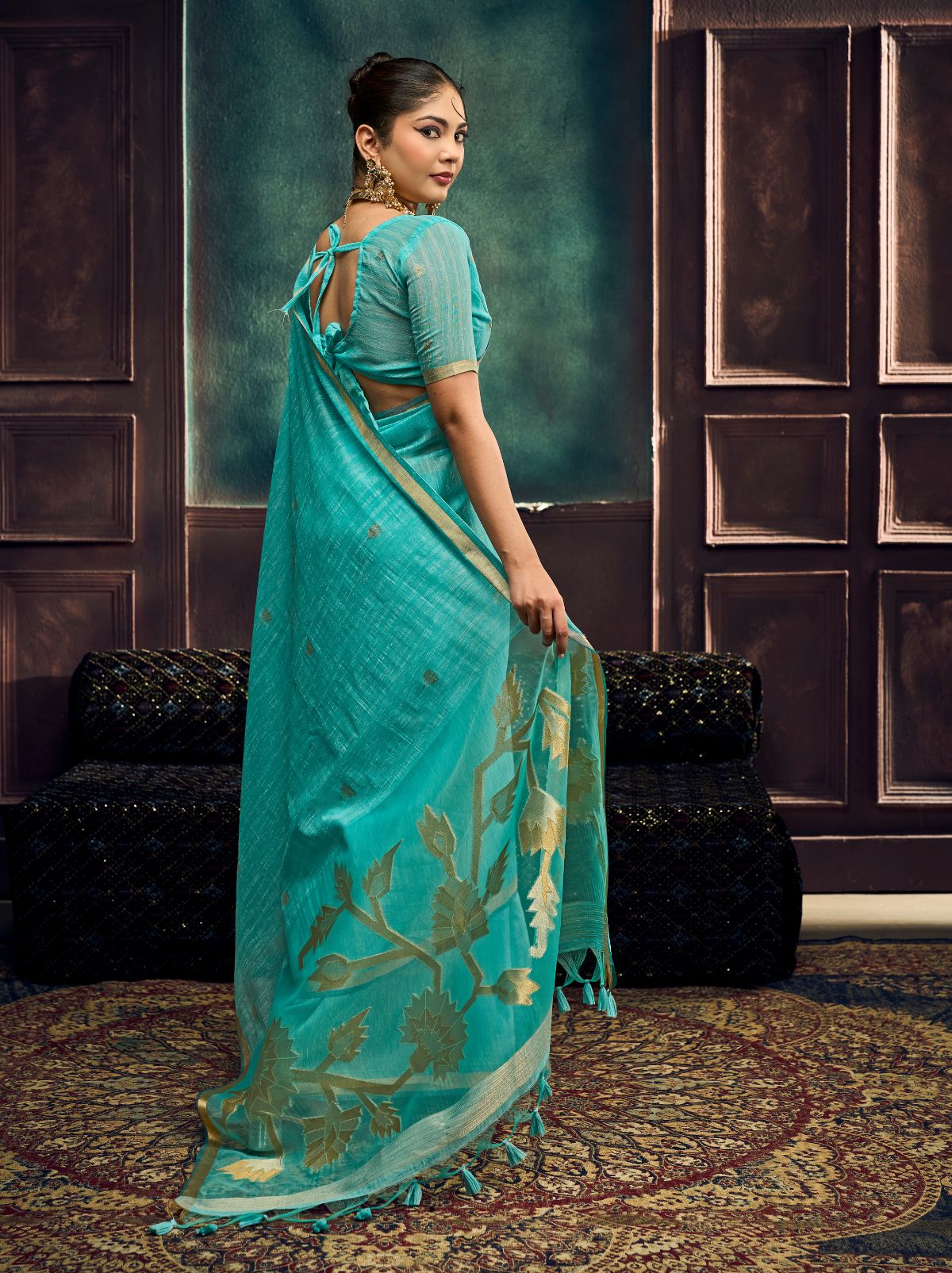 Aqua Blue Pure Munga Silk Traditional Handloom Saree