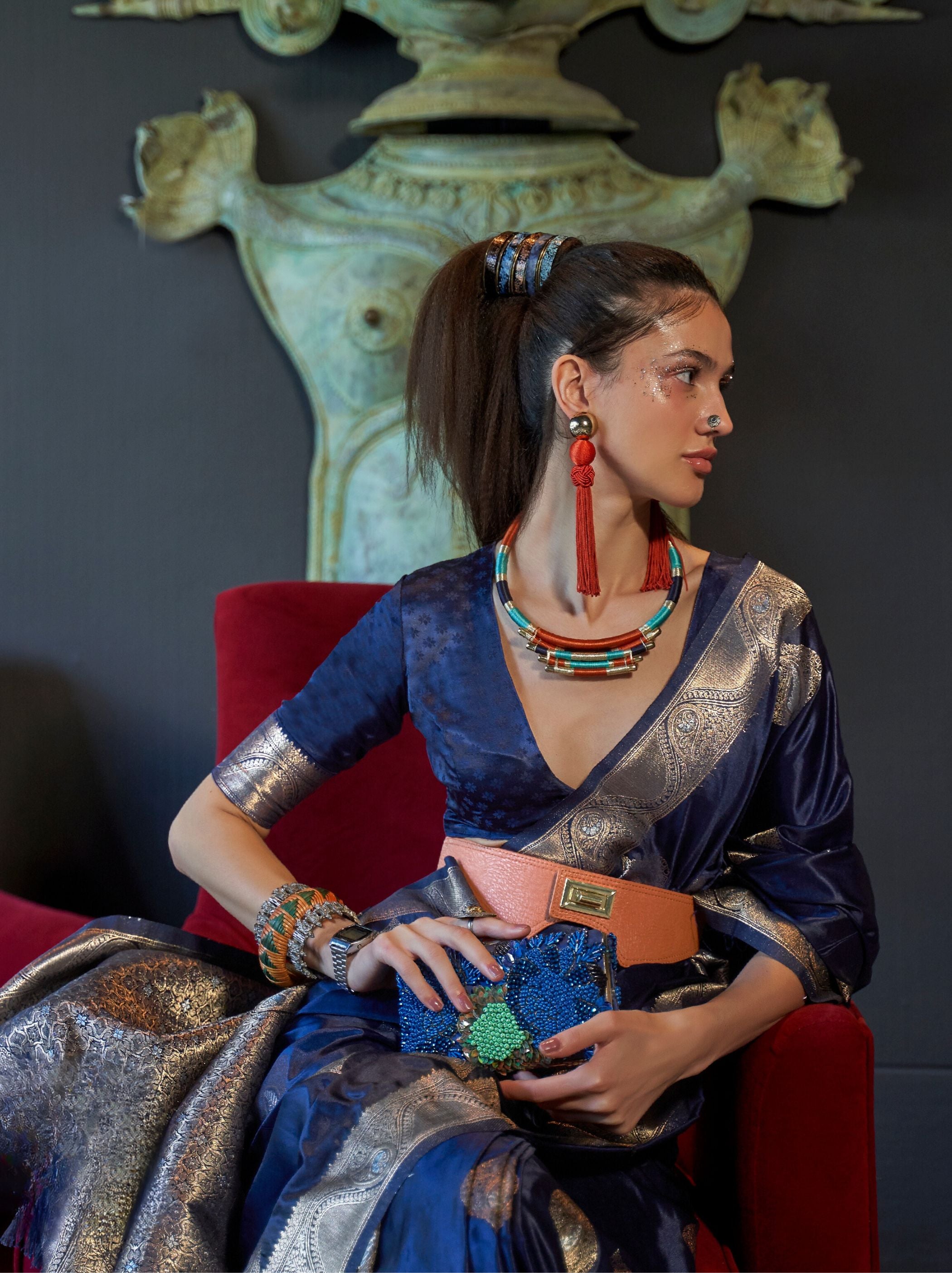 Denim Blue Pure Satin Silk Saree - TrendOye