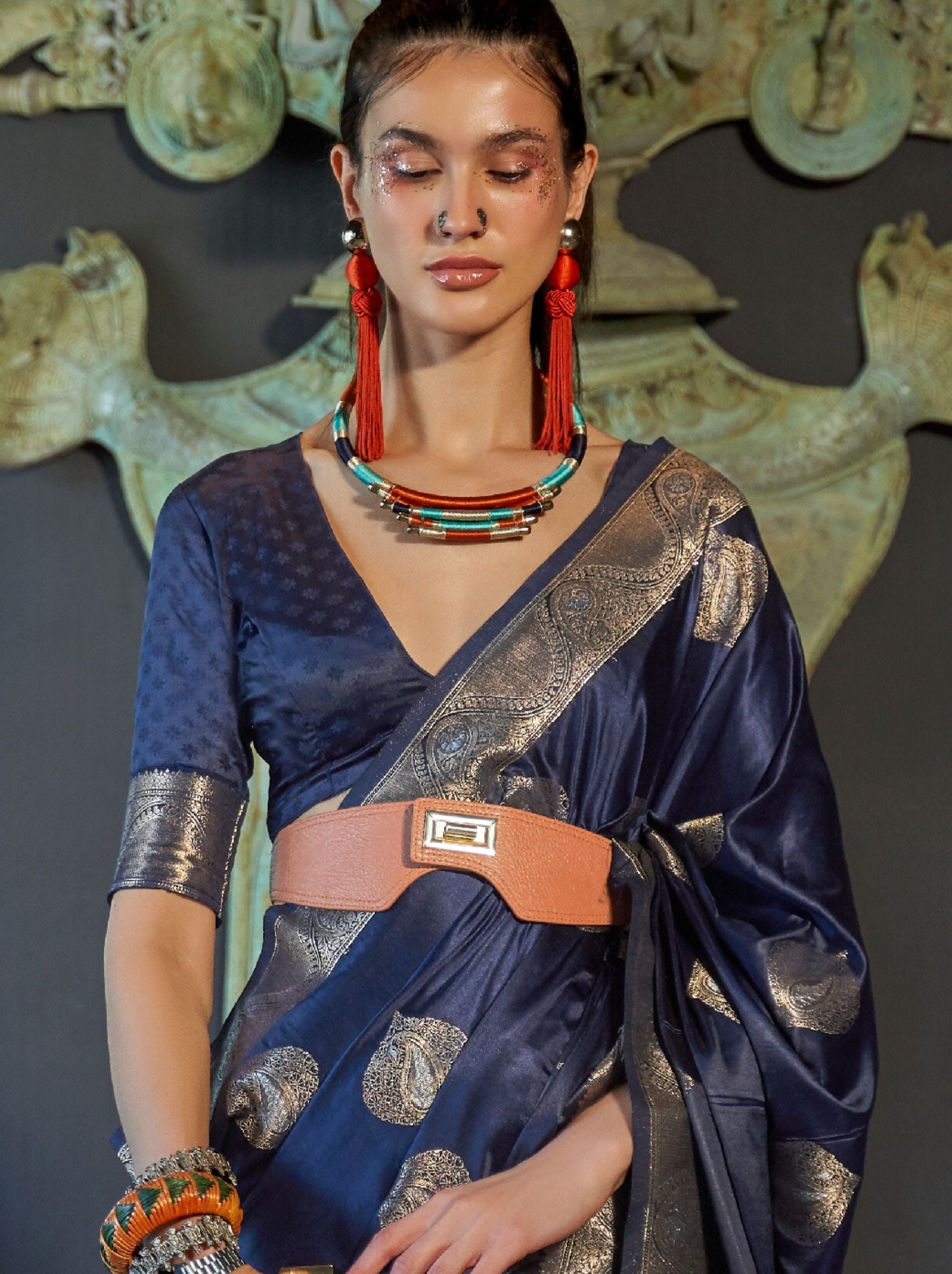 Denim Blue Pure Satin Silk Saree - TrendOye