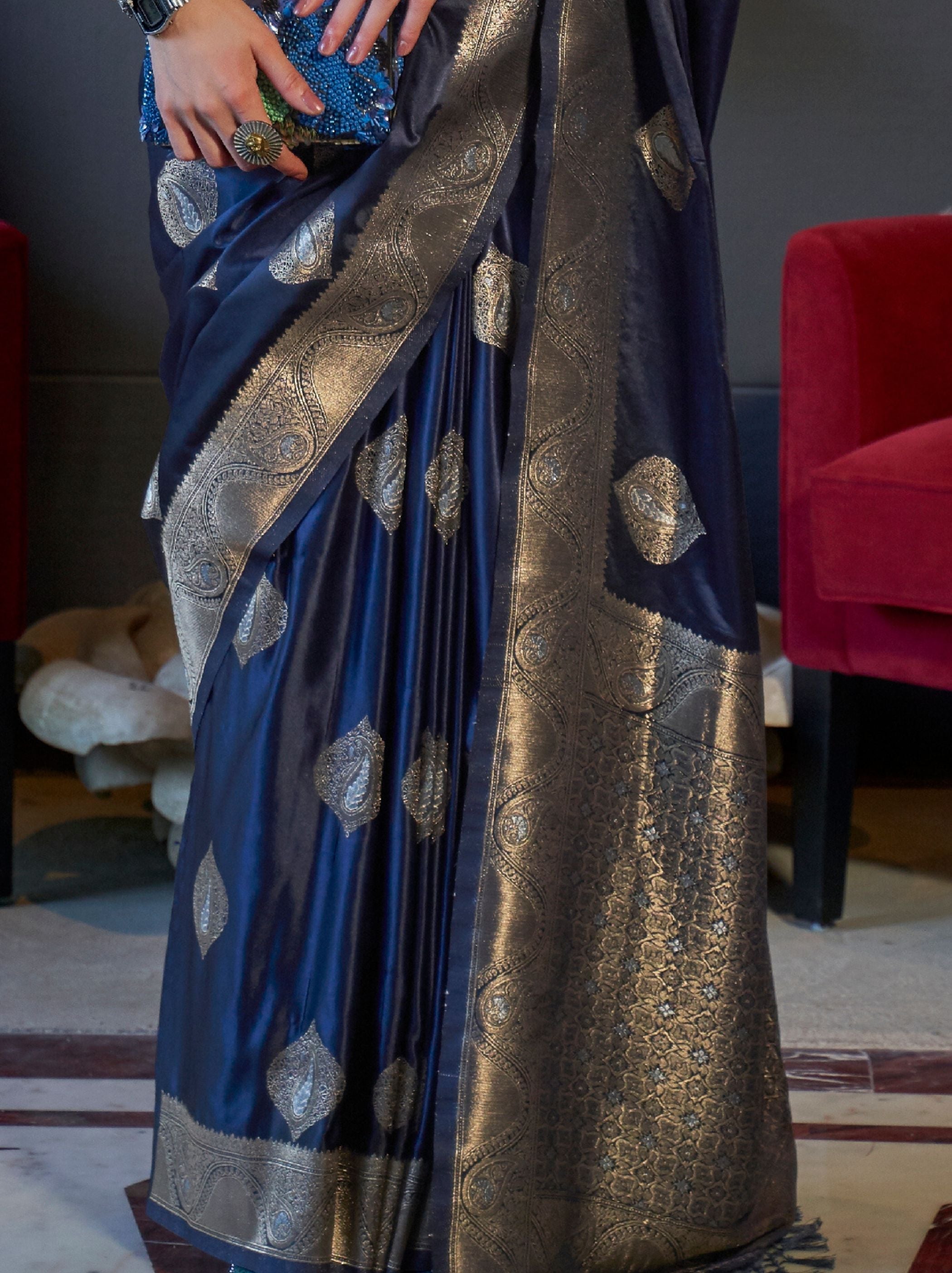 Denim Blue Pure Satin Silk Saree - TrendOye