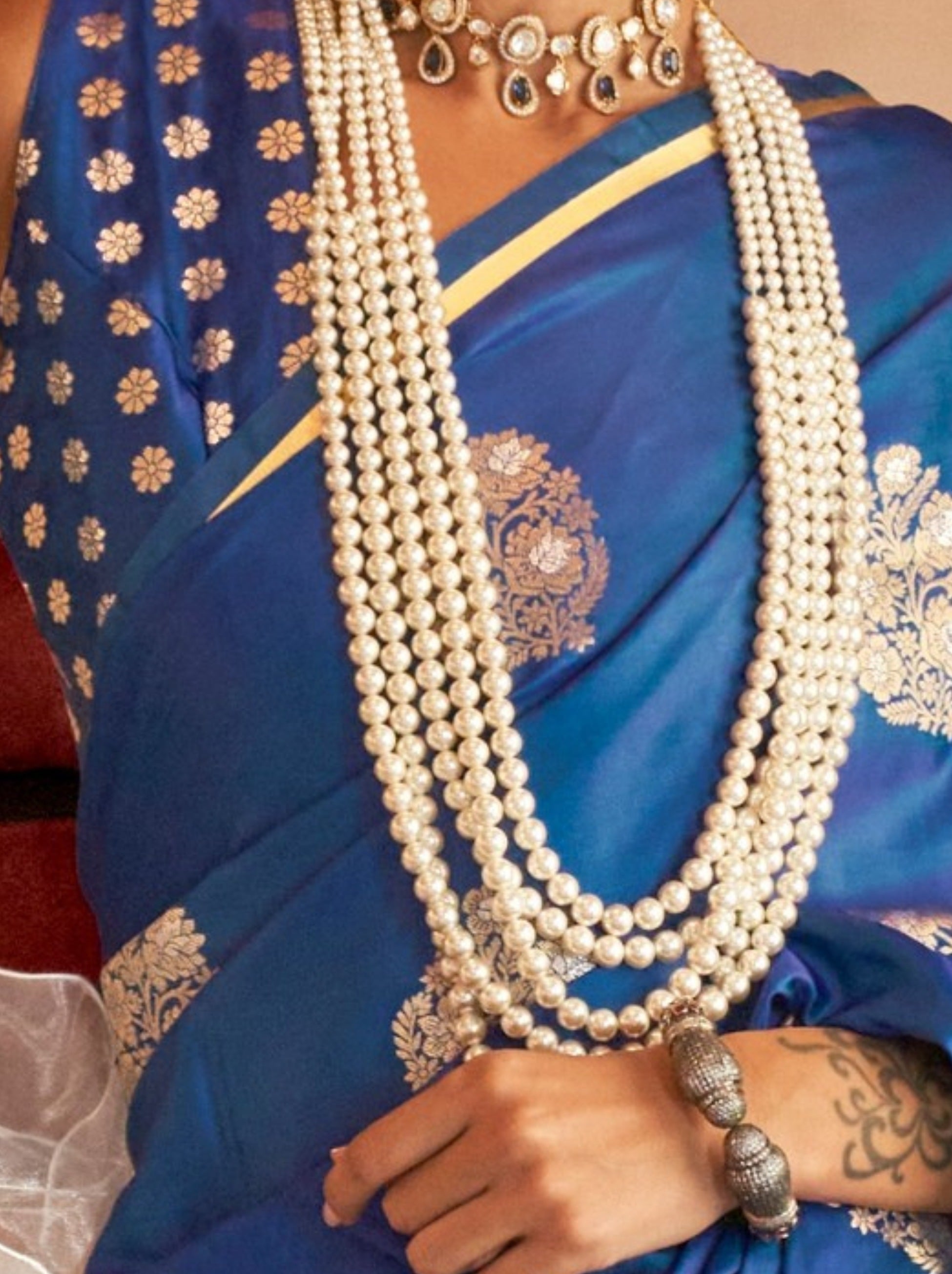 Sapphire Blue Ethnic Designer Satin Saree With Floral Motifs - TrendOye