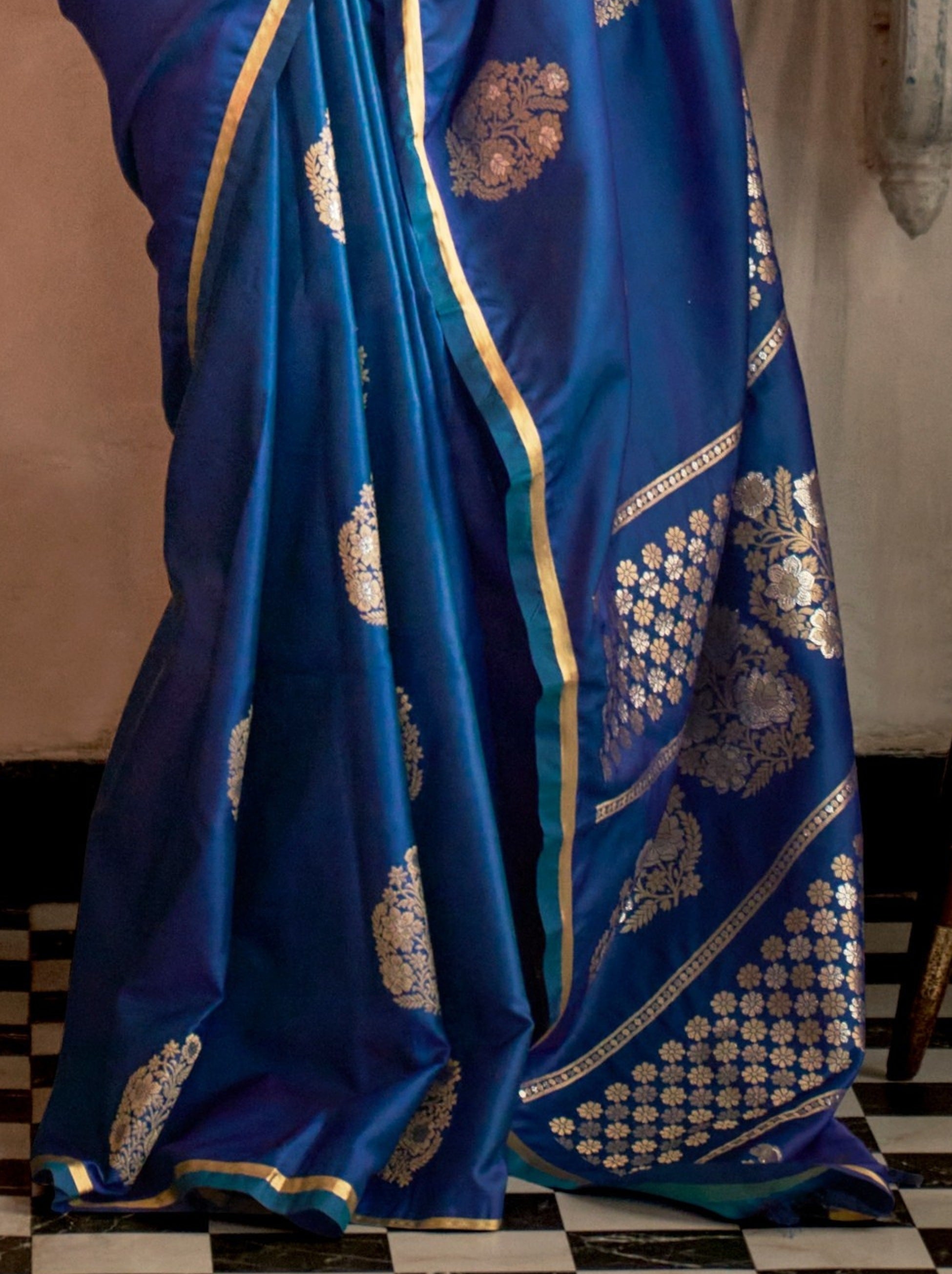 Sapphire Blue Ethnic Designer Satin Saree With Floral Motifs - TrendOye