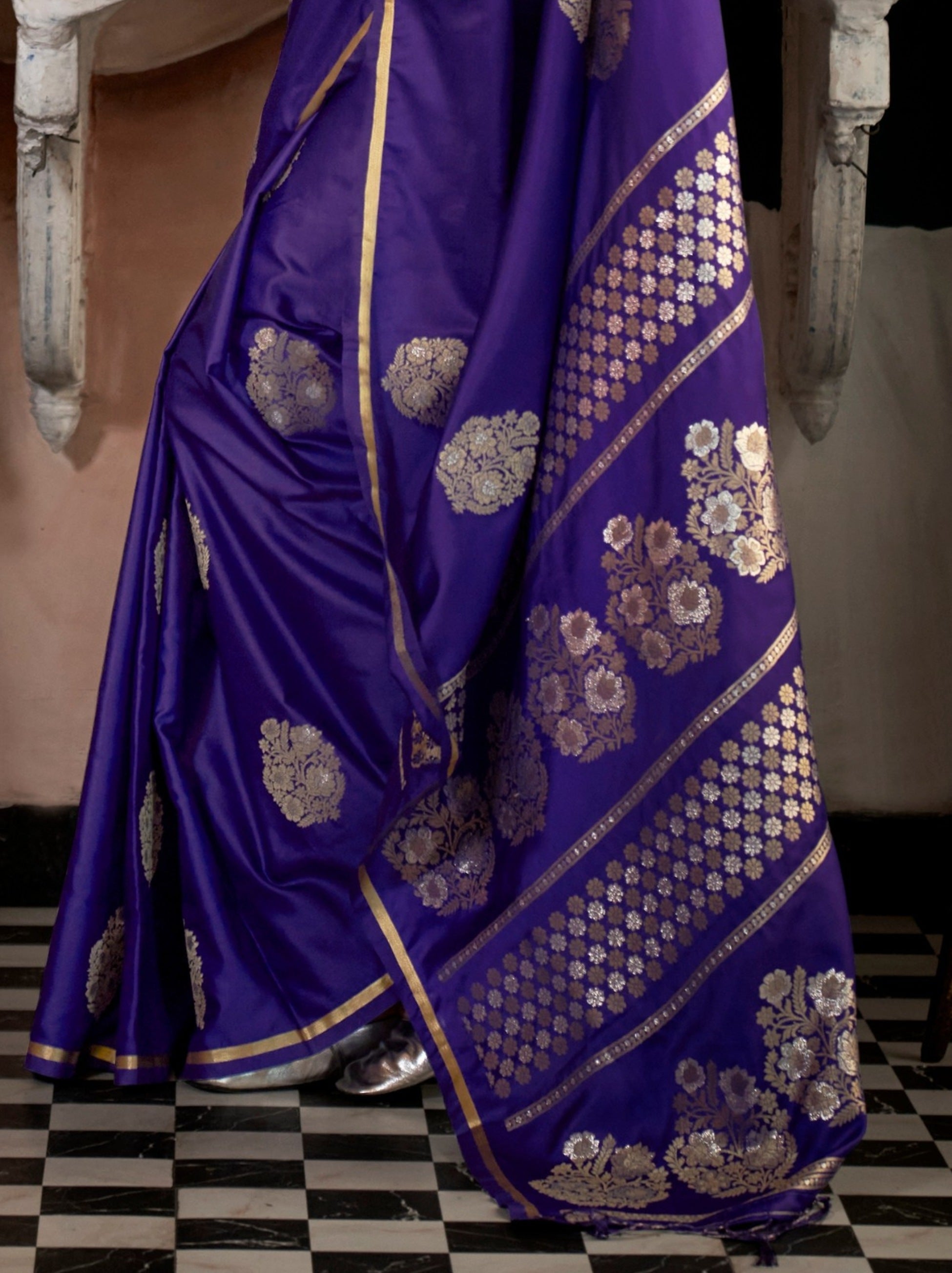 Navy Blue Ethnic Designer Satin Saree With Floral Motifs - TrendOye