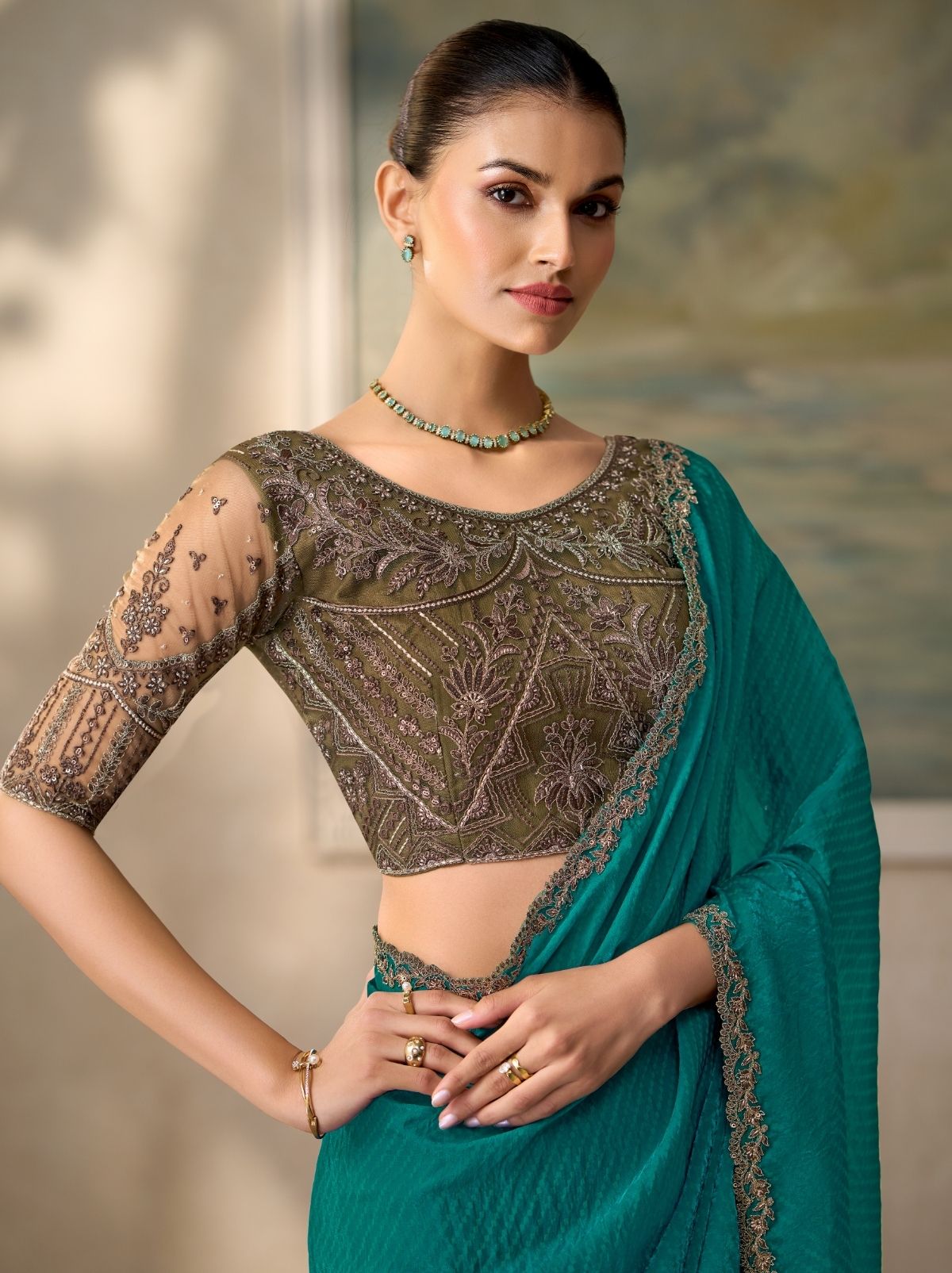 Teal Blue Regal Embroidered Saree with Blouse Piece