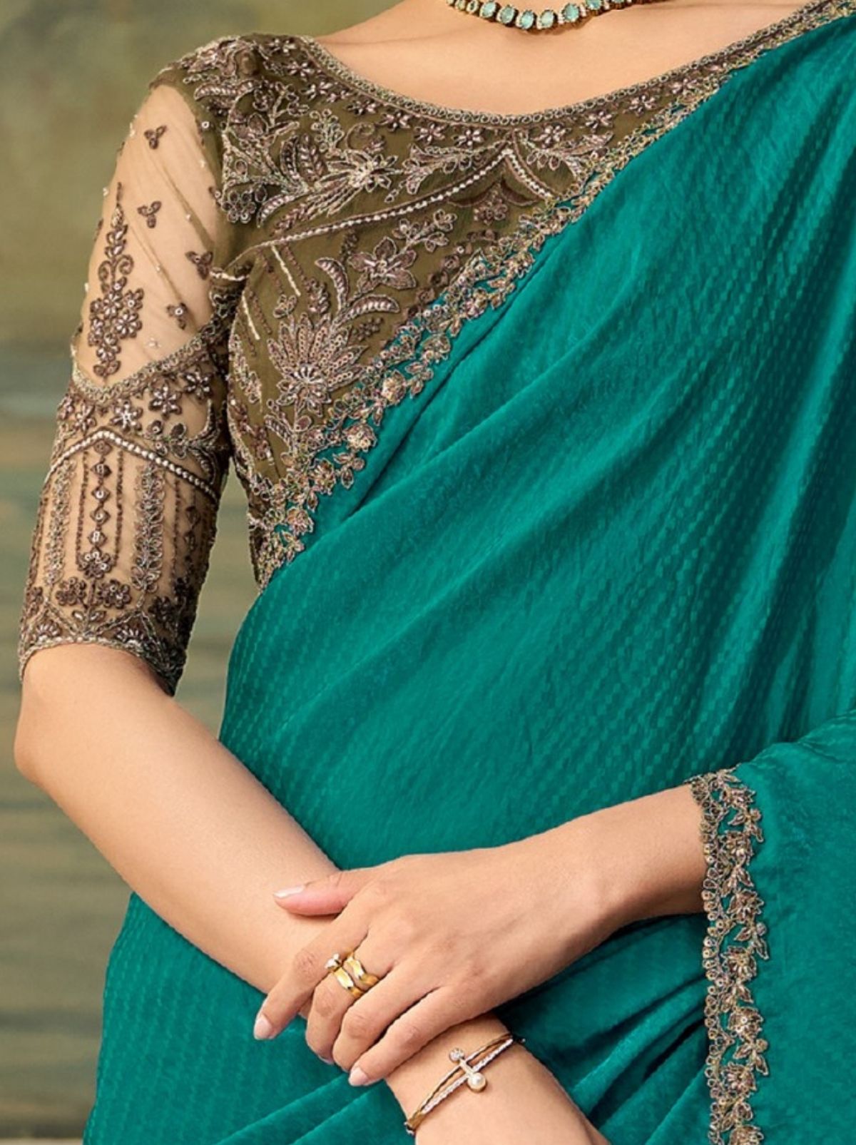 Teal Blue Regal Embroidered Saree & Net Blouse With Premium Base Liner