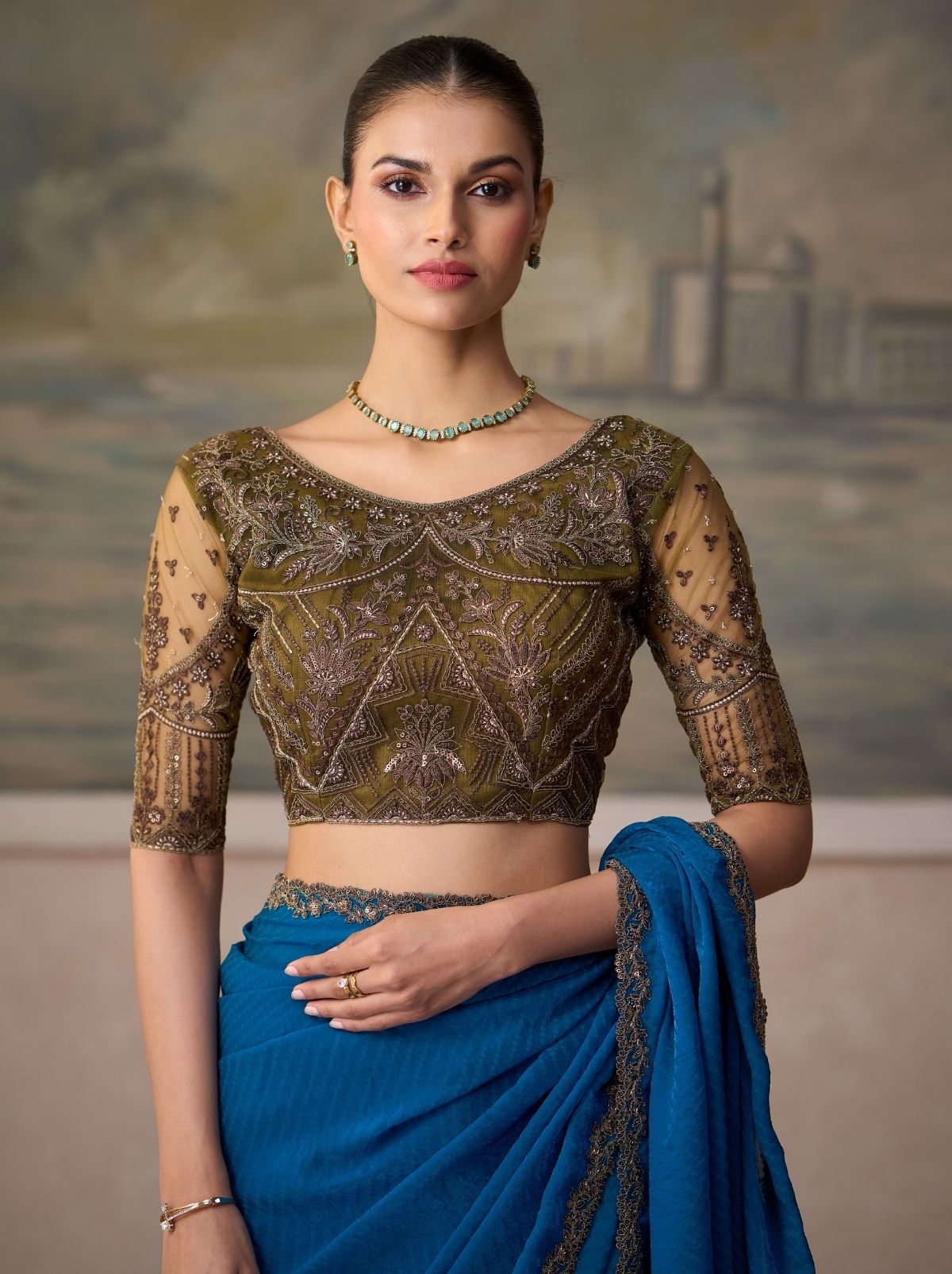 Teal Blue Regal Embroidered Saree & Net Blouse With Premium Base Liner