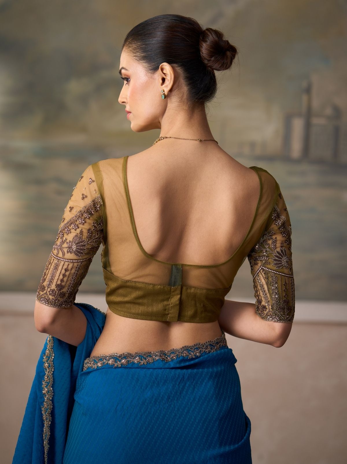 Teal Blue Regal Embroidered Saree & Net Blouse With Premium Base Liner