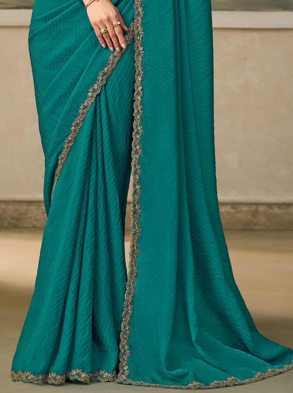 Teal Blue Regal Embroidered Saree & Net Blouse With Premium Base Liner