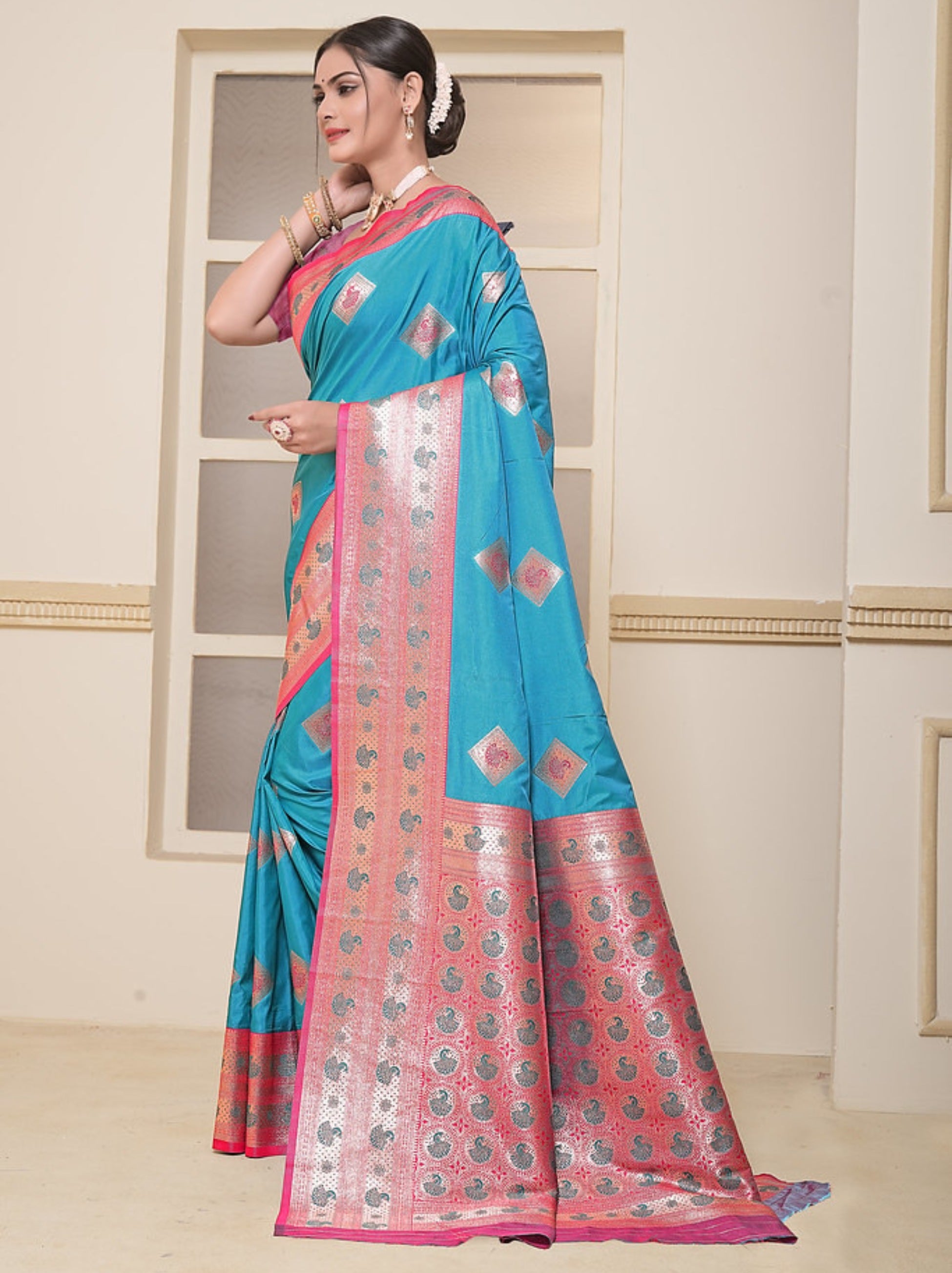 Azure Blue Soft Silk Paithani Saree With Contrast Blouse Piece - TrendOye