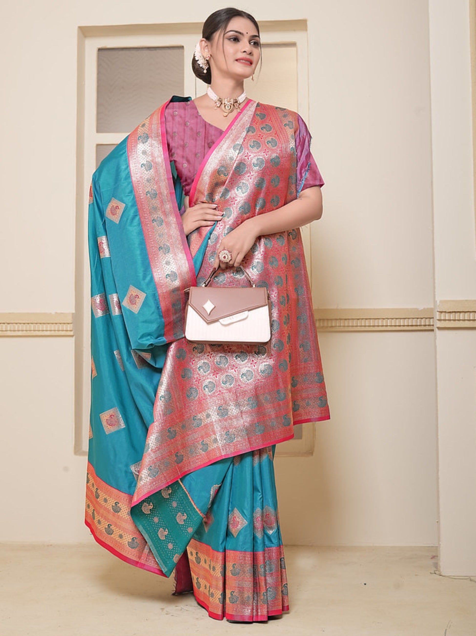 Azure Blue Soft Silk Paithani Saree With Contrast Blouse Piece - TrendOye
