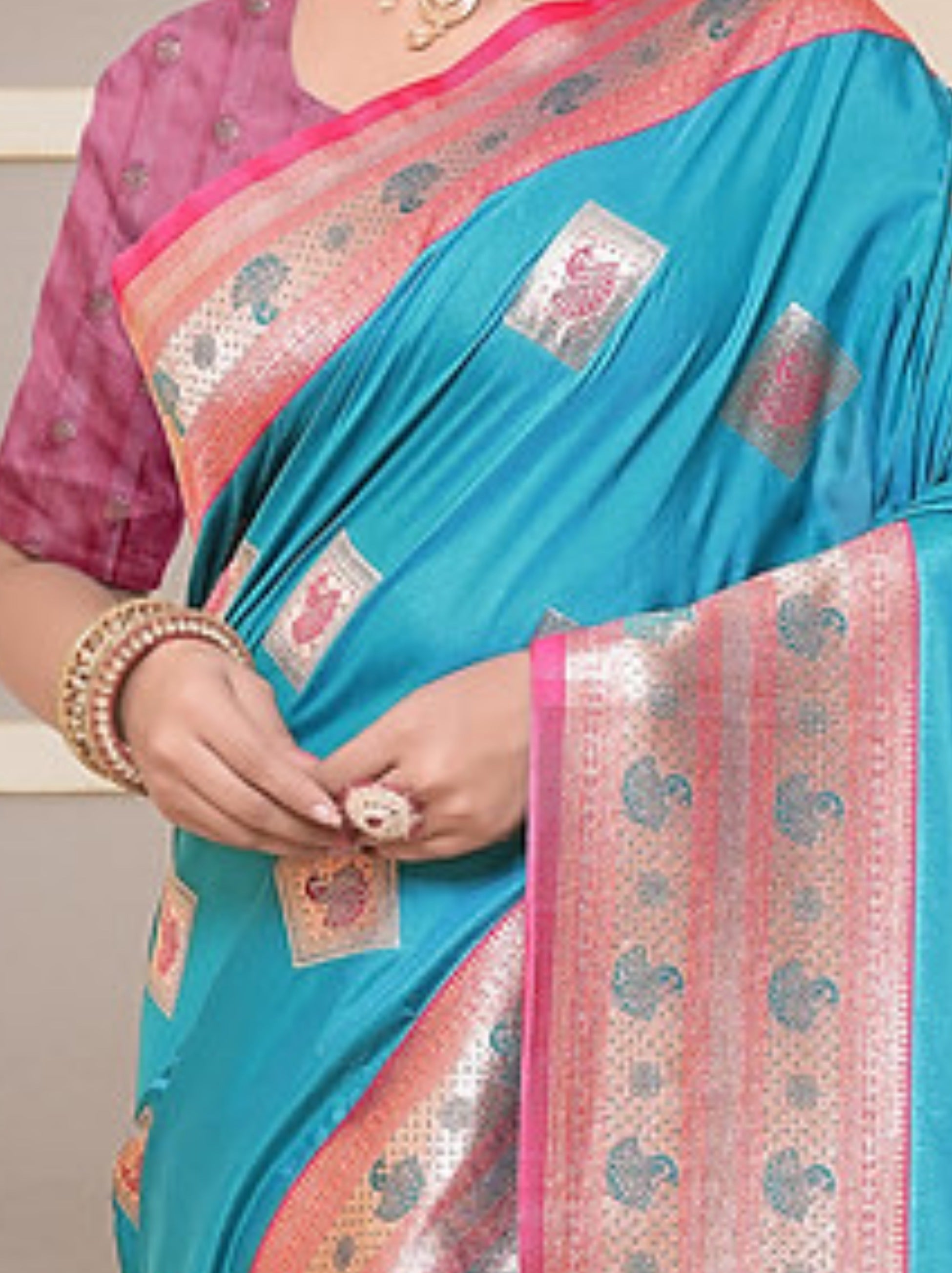 Azure Blue Soft Silk Paithani Saree With Contrast Blouse Piece - TrendOye