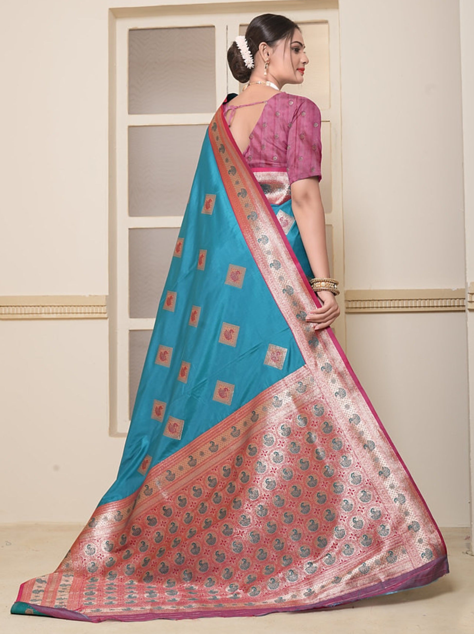 Azure Blue Soft Silk Paithani Saree With Contrast Blouse Piece - TrendOye