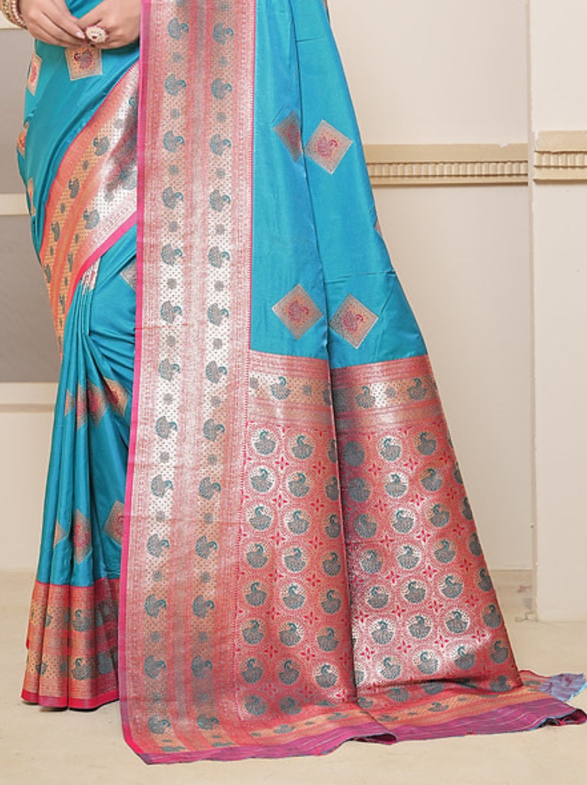 Azure Blue Soft Silk Paithani Saree With Contrast Blouse Piece - TrendOye
