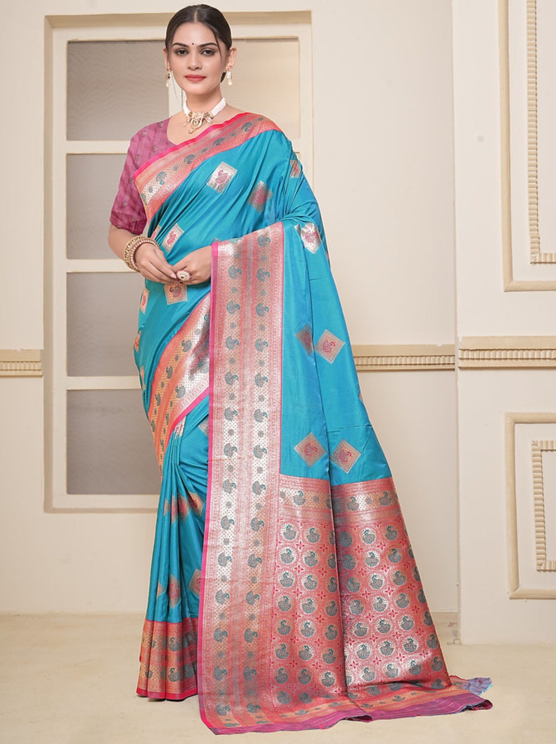 Azure Blue Soft Silk Paithani Saree With Contrast Blouse Piece - TrendOye