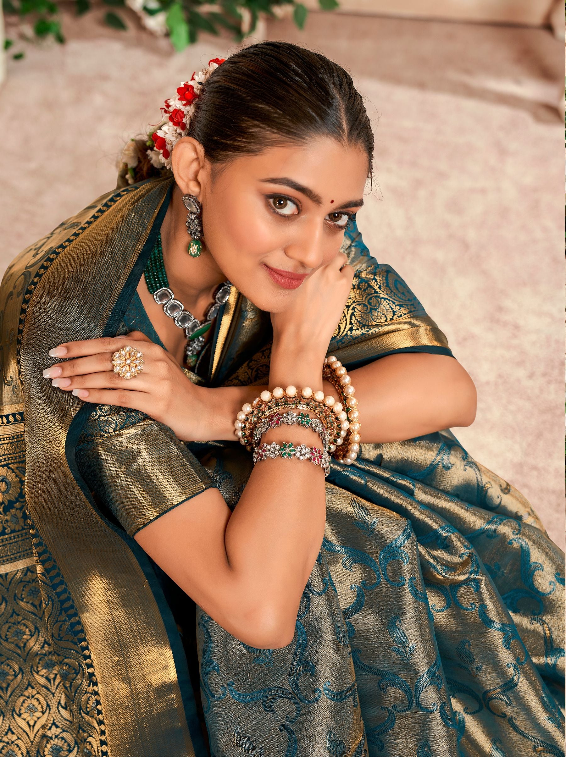 Teal Blue Soft Silk Zari Weaving Wedding Saree - TrendOye