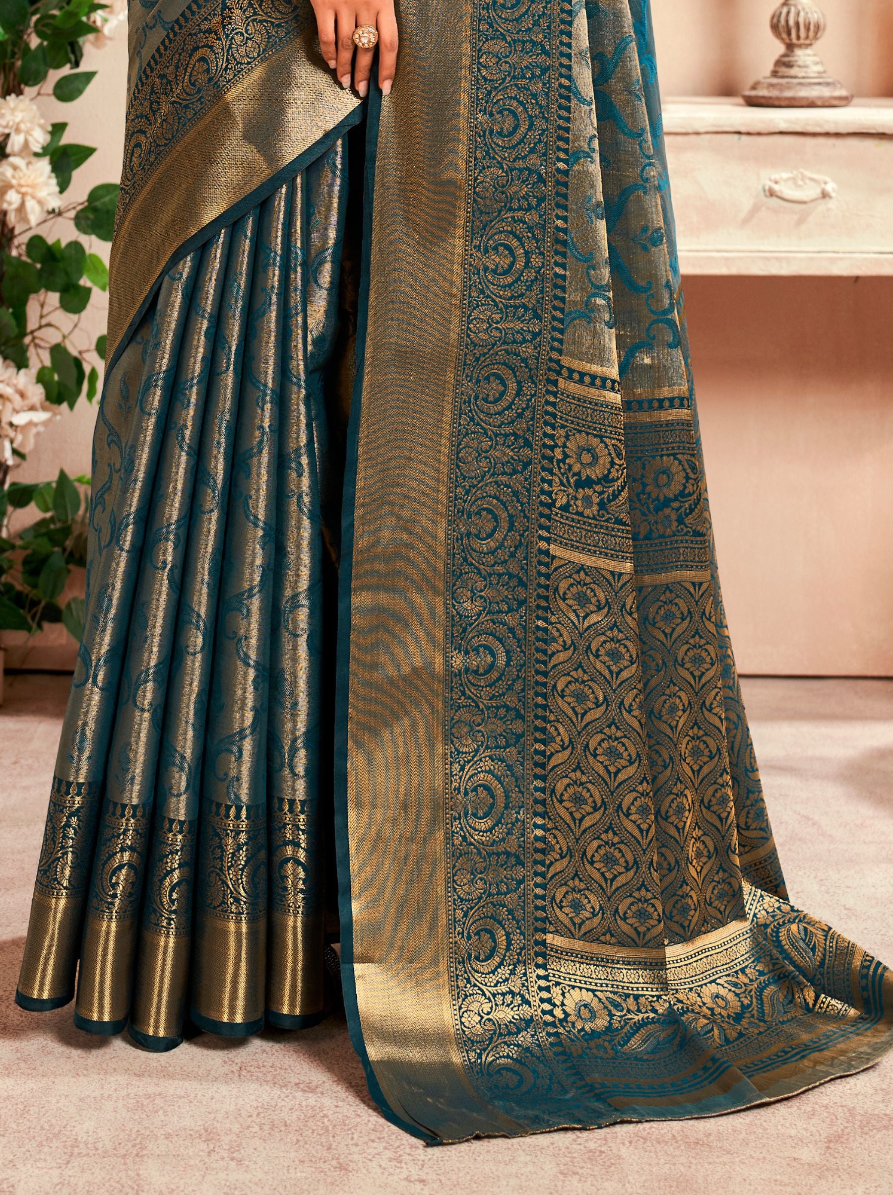 Teal Blue Soft Silk Zari Weaving Wedding Saree - TrendOye