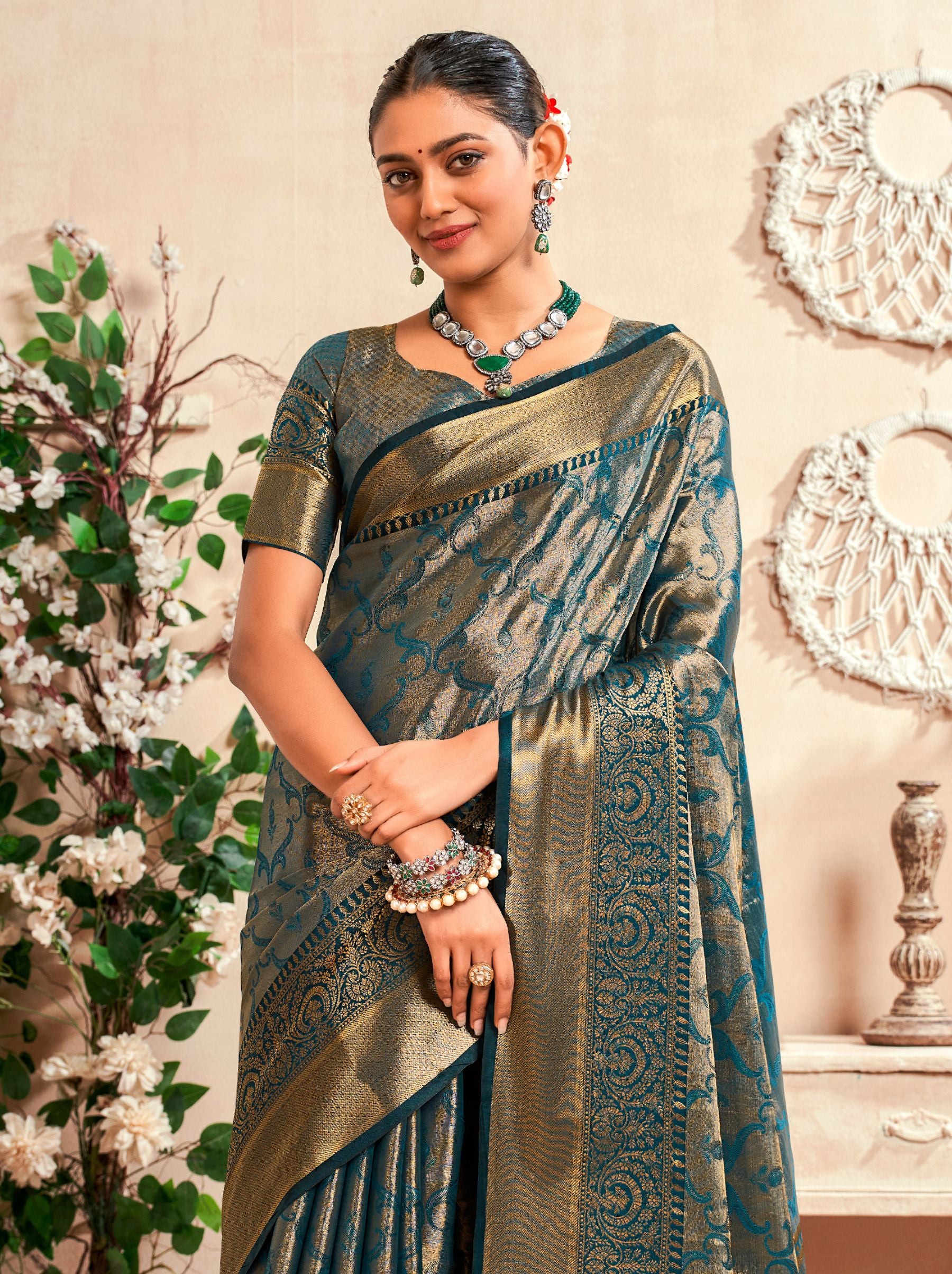 Teal Blue Soft Silk Zari Weaving Wedding Saree - TrendOye