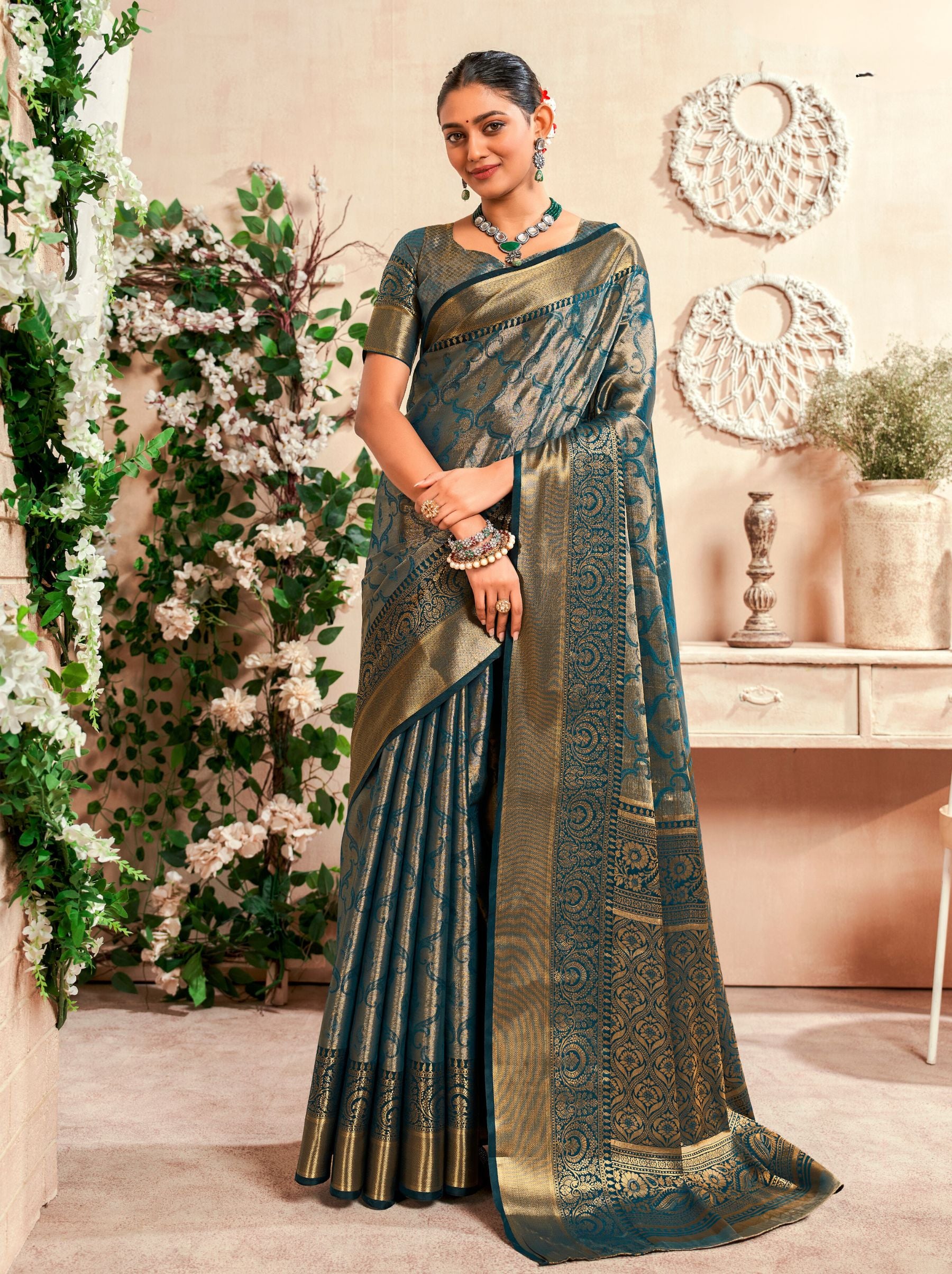 Teal Blue Soft Silk Zari Weaving Wedding Saree - TrendOye