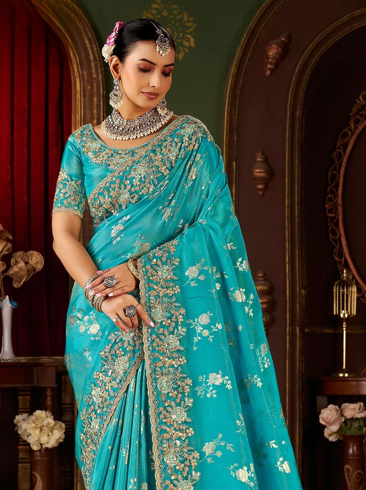 Olympic Blue Traditional Bridal Saree With Designer Blouse Piece