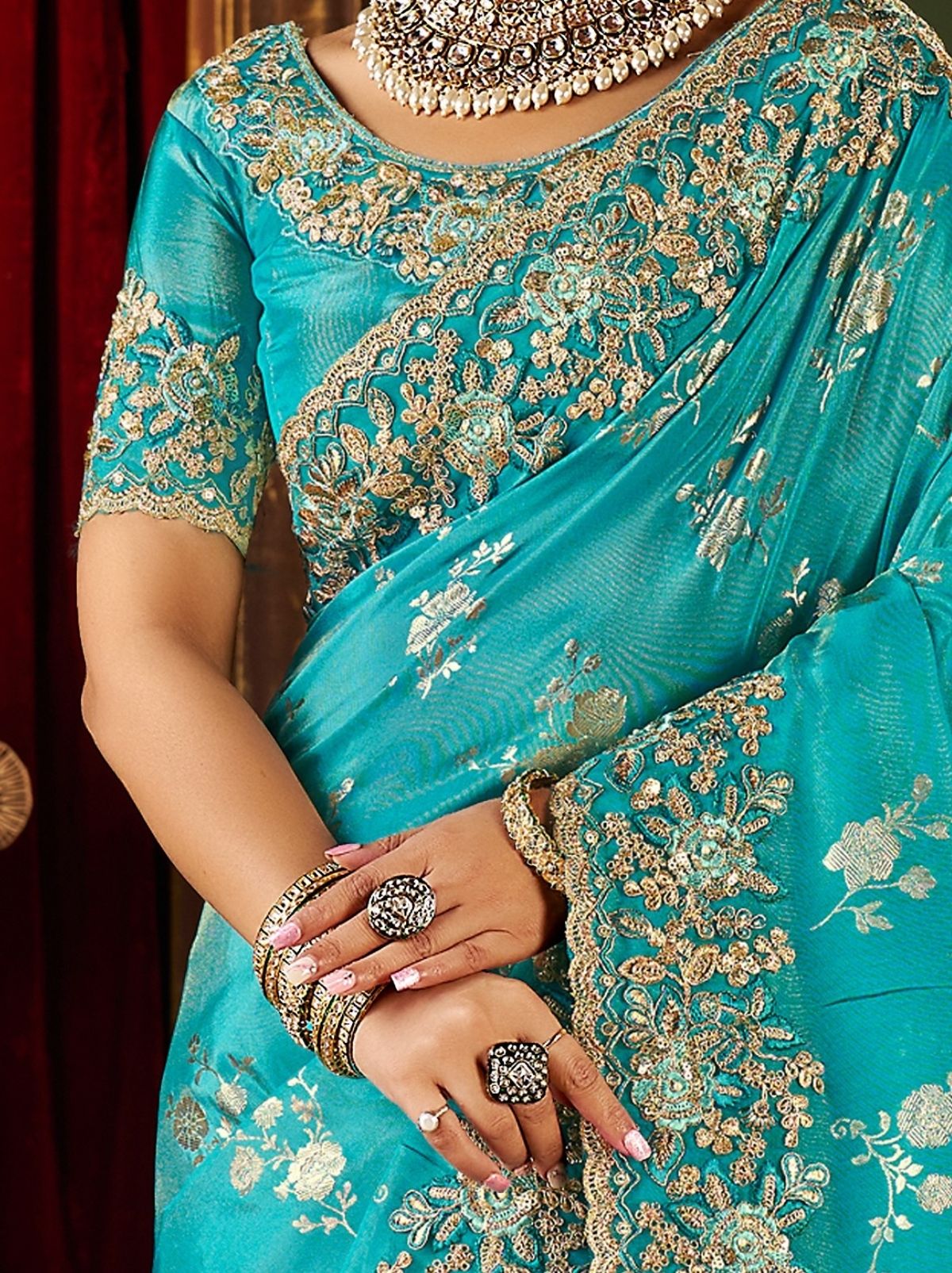 Olympic Blue Traditional Bridal Saree With Designer Blouse Piece