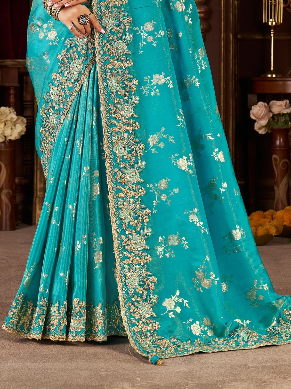 Olympic Blue Traditional Bridal Saree With Designer Blouse Piece