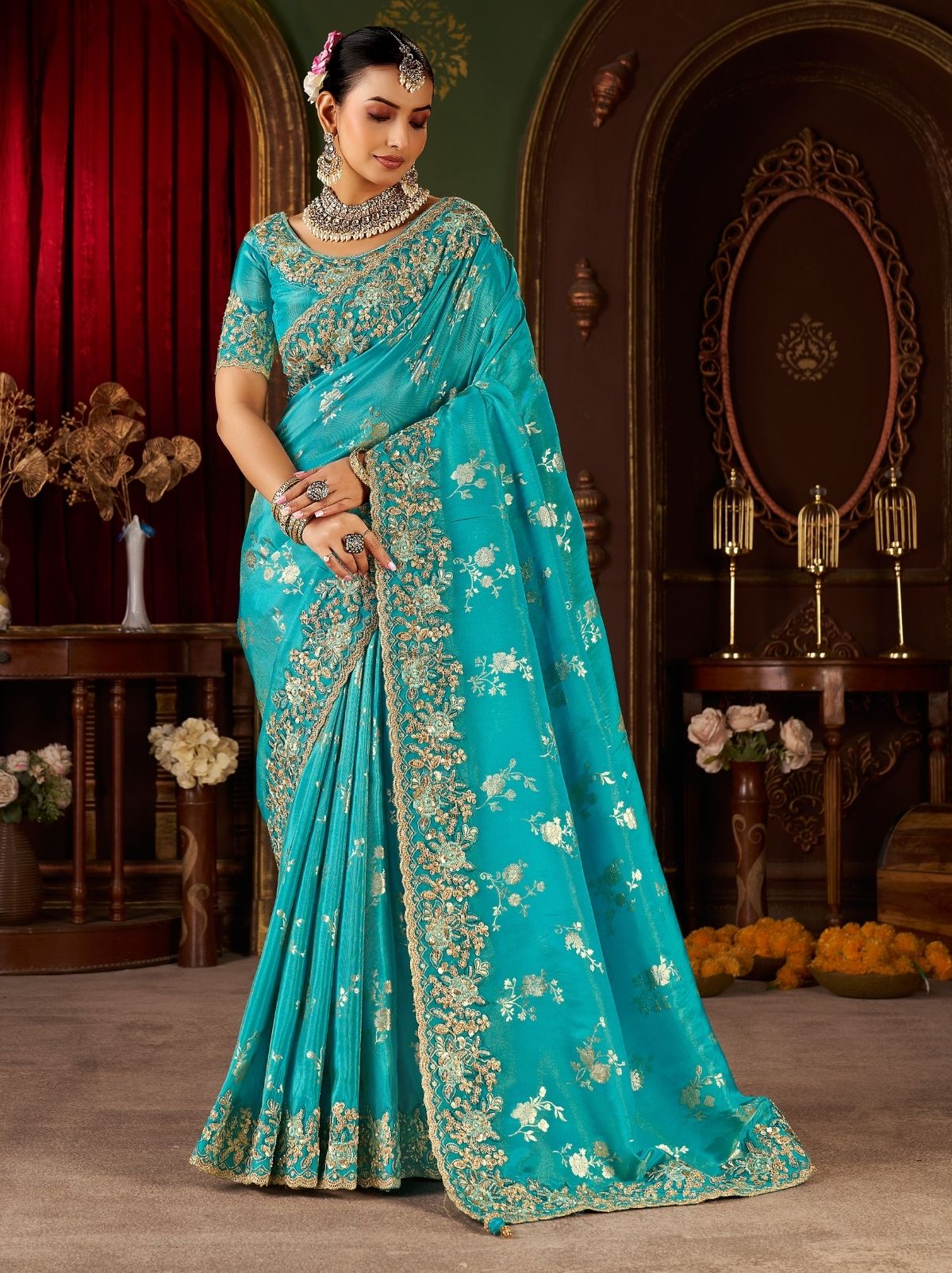 Olympic Blue Traditional Bridal Saree With Designer Blouse Piece