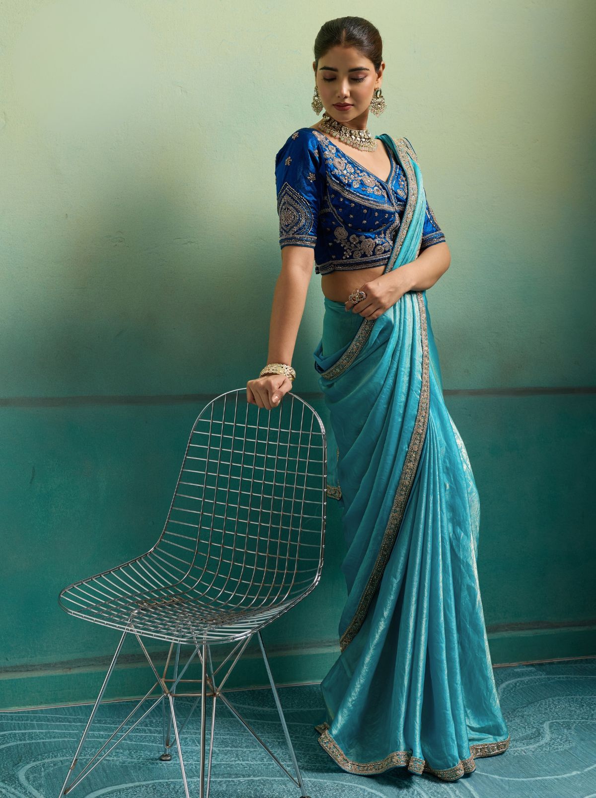 Azure Blue Velvet Satin Celebration Saree with Heavy Blouse