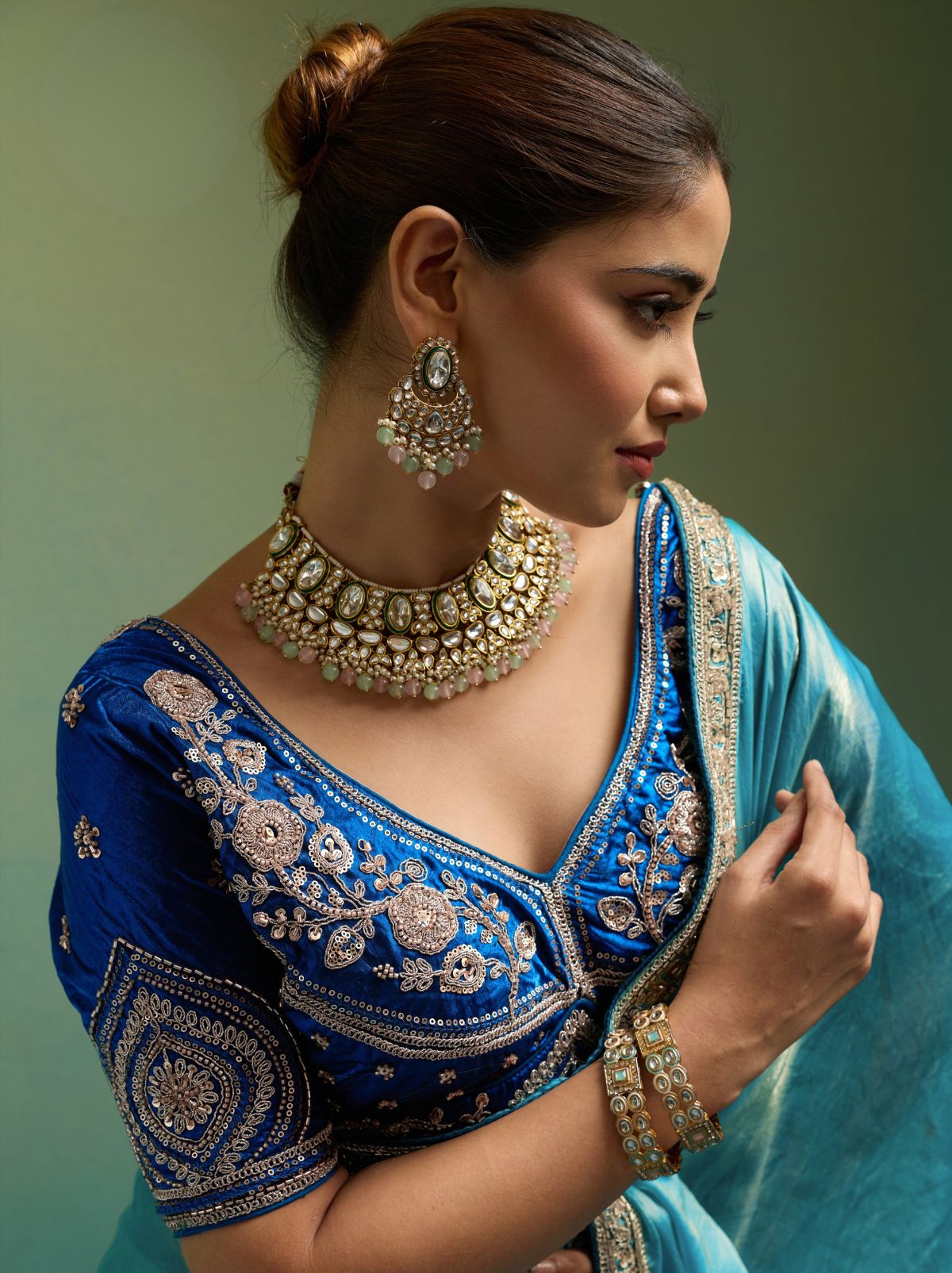 Azure Blue Velvet Satin Celebration Saree with Heavy Blouse