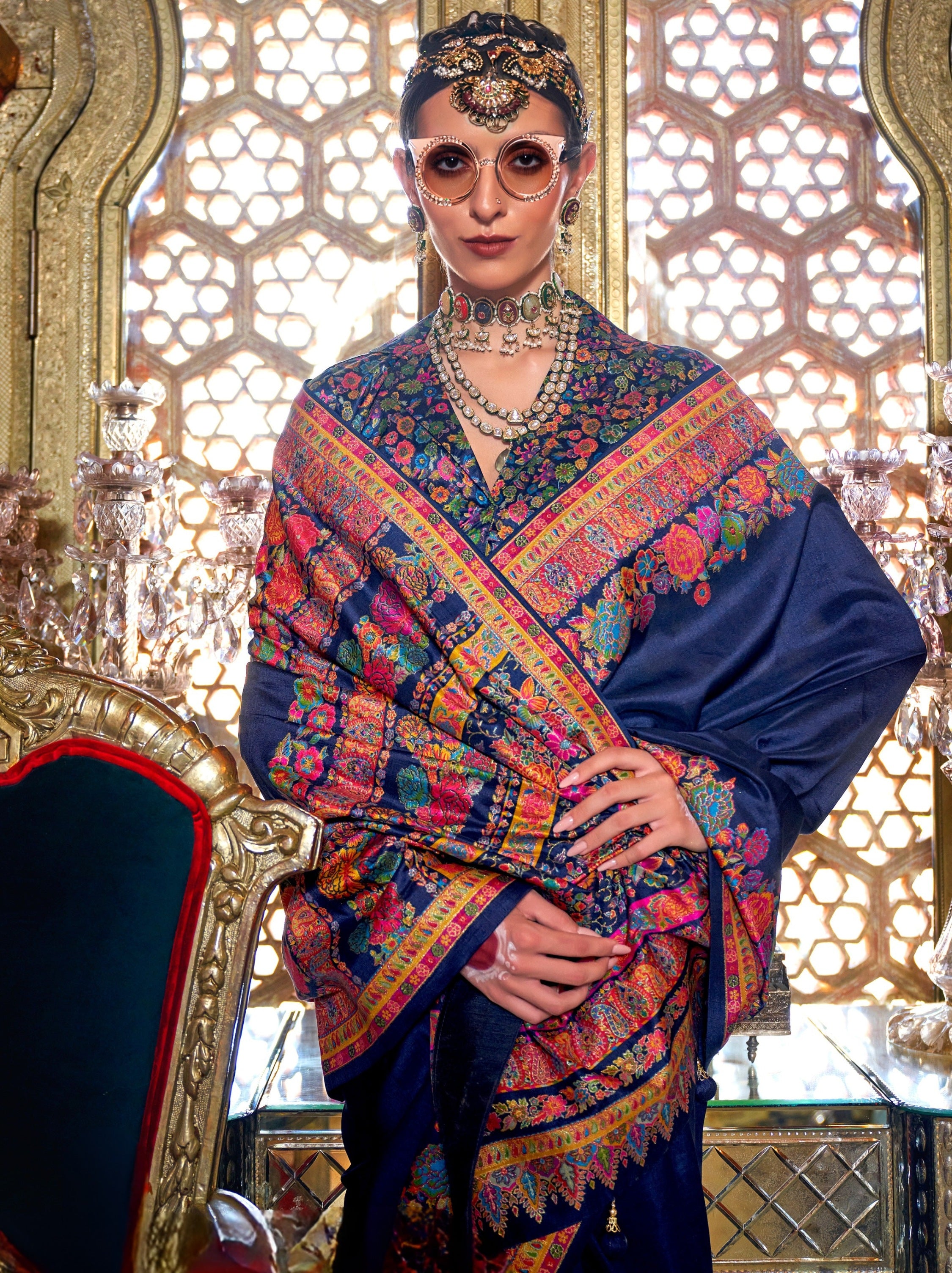 Prussian Blue Ethnic Designer Silk Saree With Blouse Piece - TrendOye