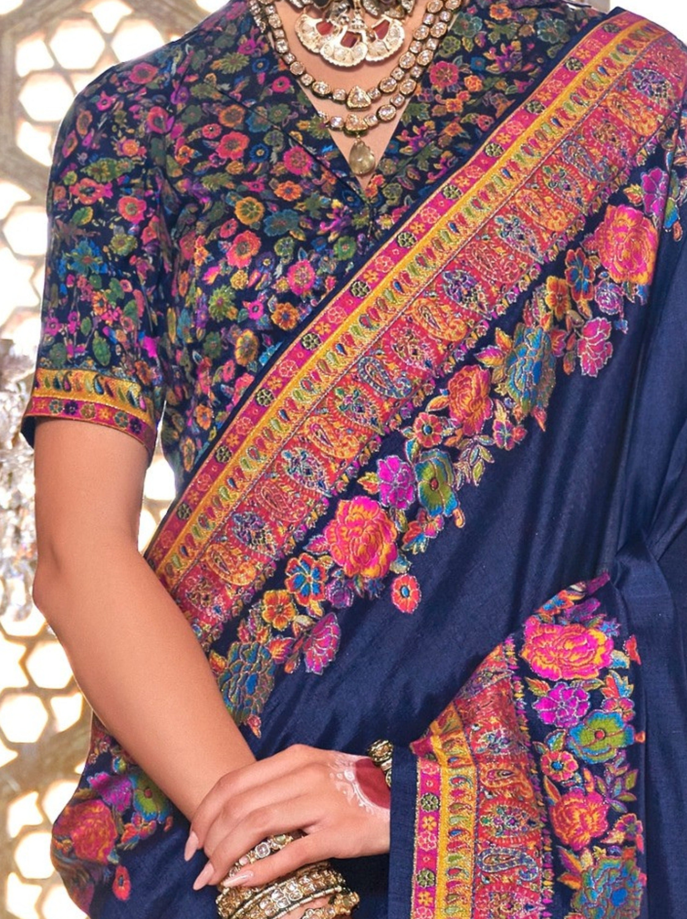 Prussian Blue Ethnic Designer Silk Saree With Blouse Piece - TrendOye