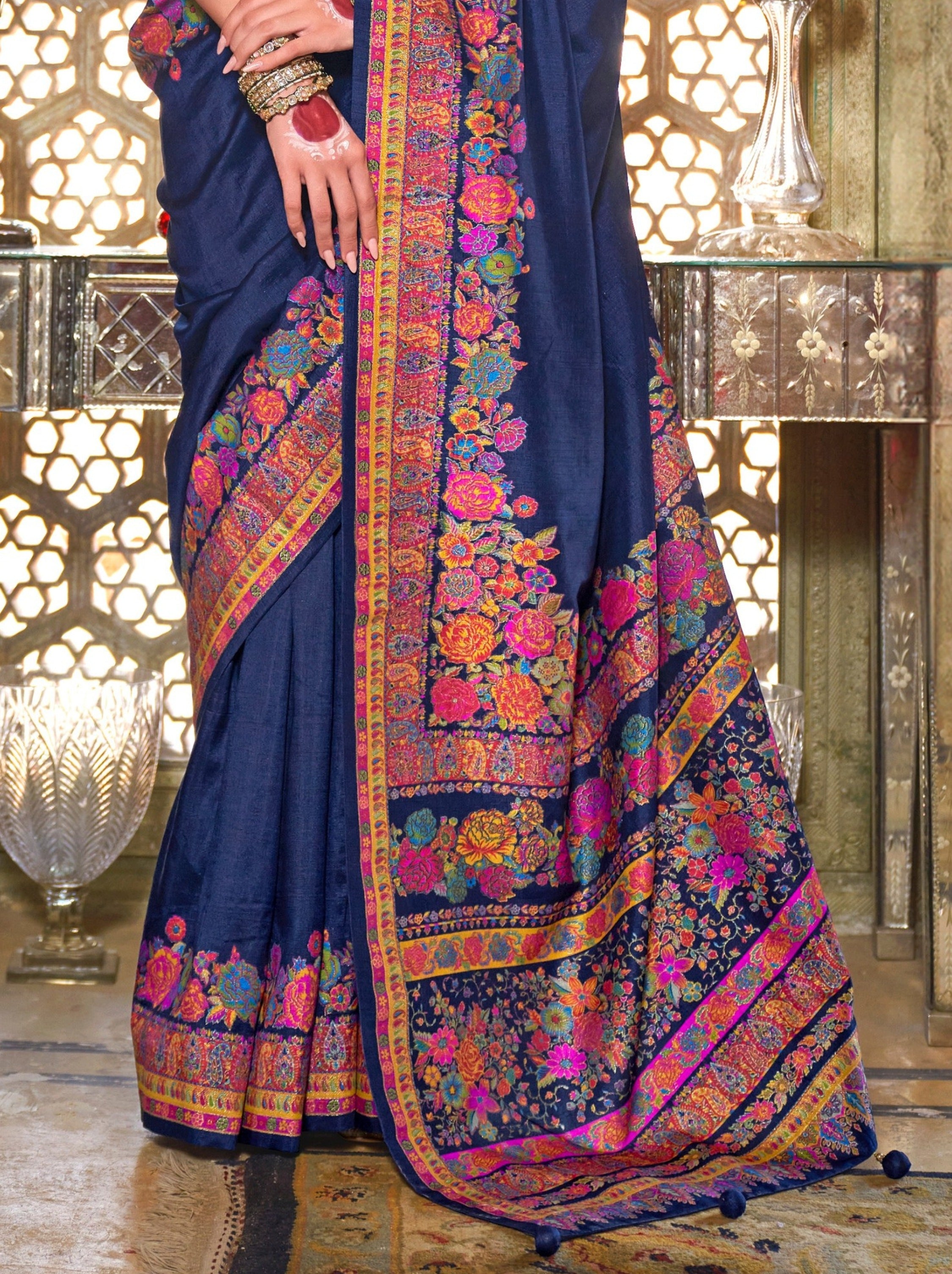 Prussian Blue Ethnic Designer Silk Saree With Blouse Piece - TrendOye