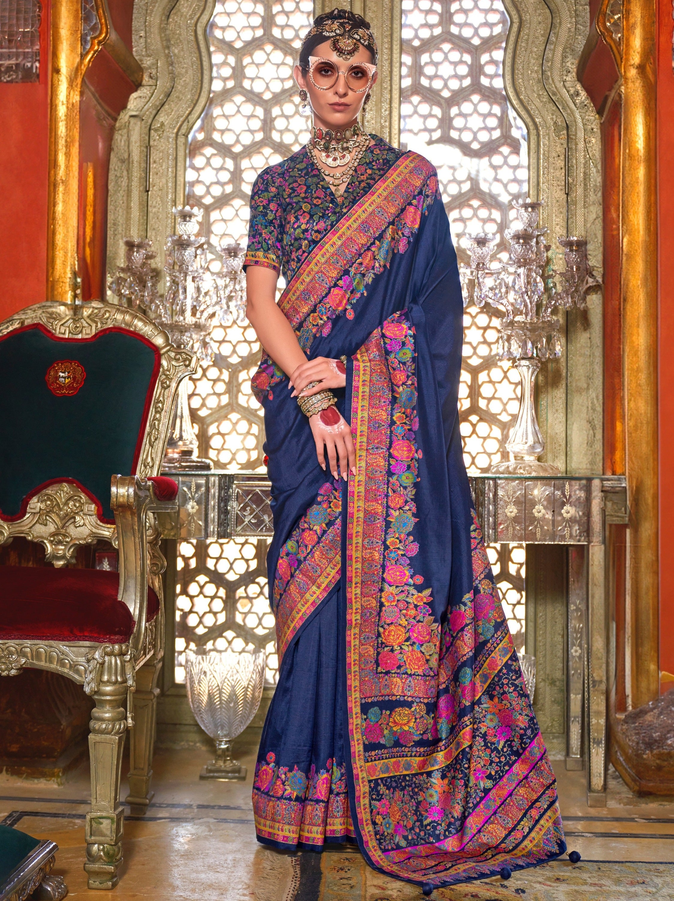 Prussian Blue Ethnic Designer Silk Saree With Blouse Piece - TrendOye