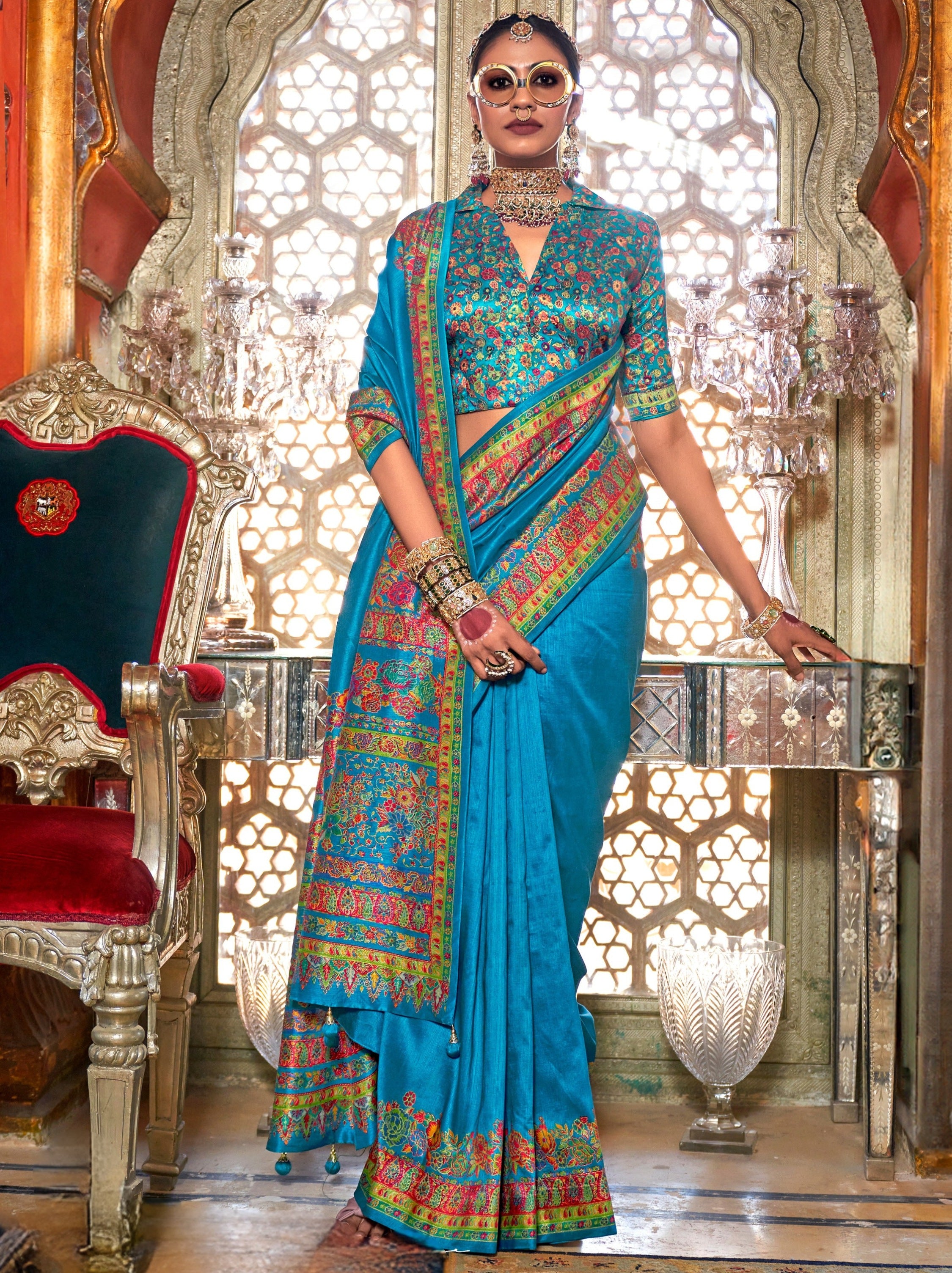 Olympic Blue Ethnic Designer Silk Saree With Blouse Piece - TrendOye