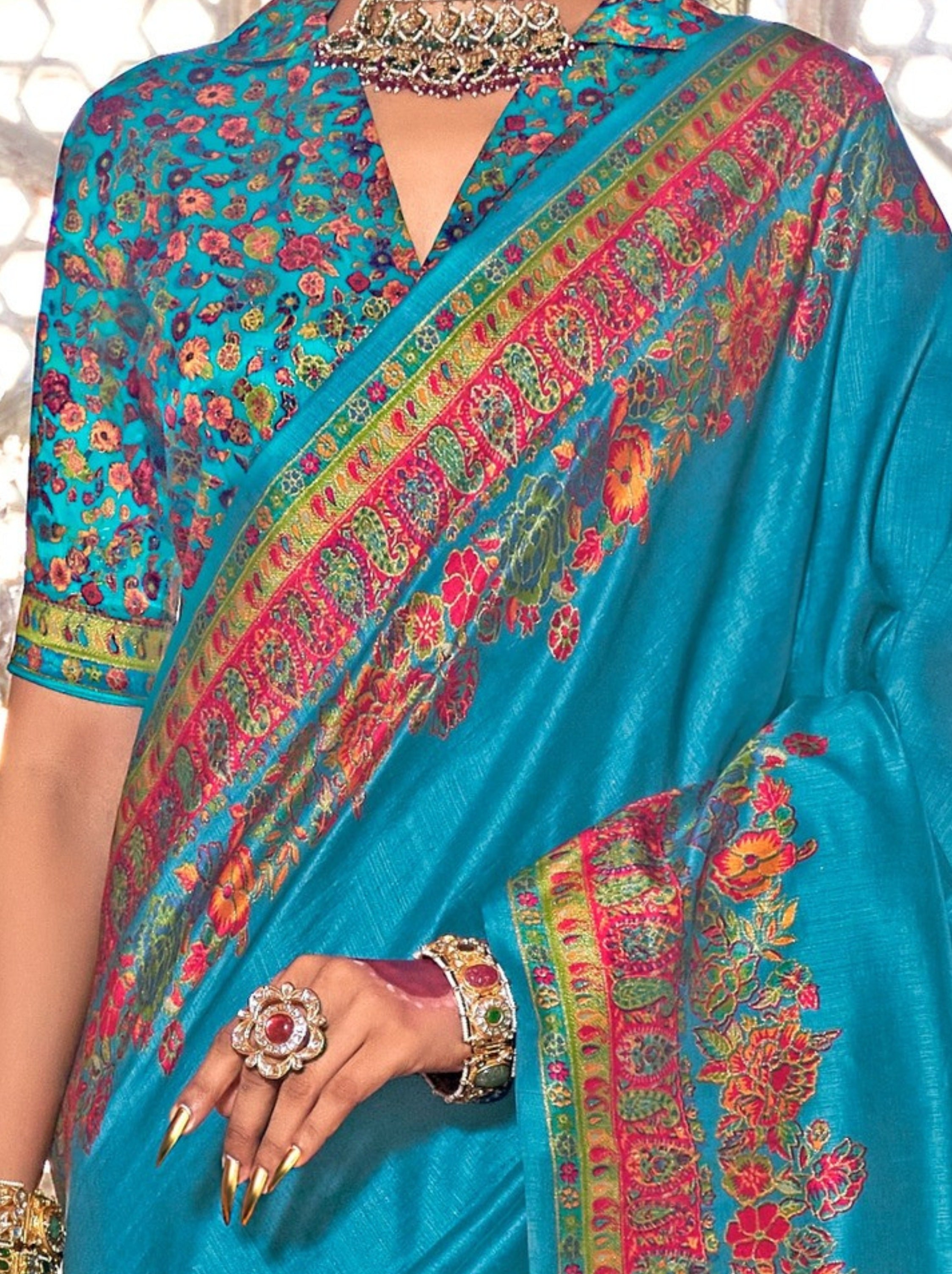 Olympic Blue Ethnic Designer Silk Saree With Blouse Piece - TrendOye