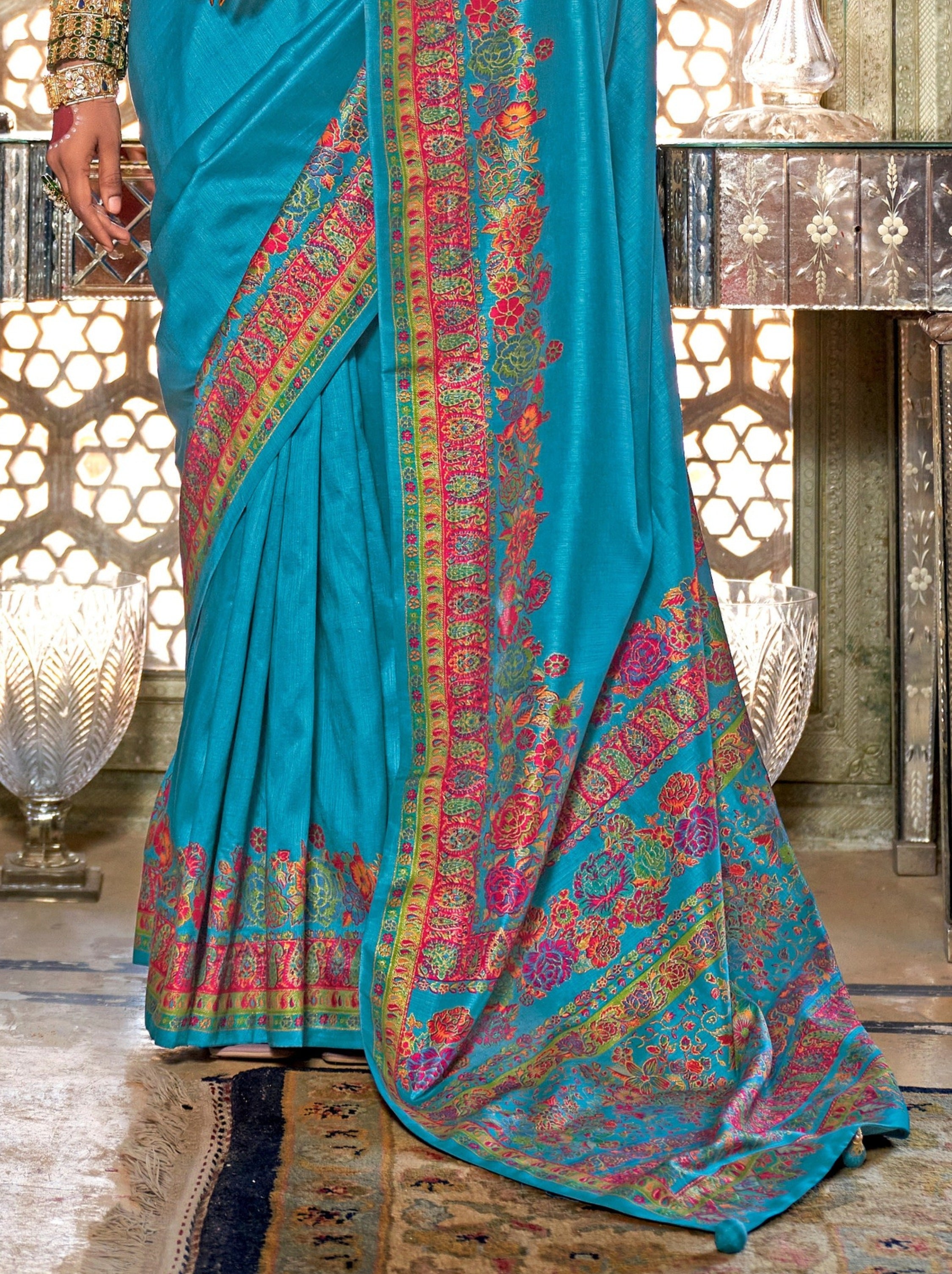 Olympic Blue Ethnic Designer Silk Saree With Blouse Piece - TrendOye
