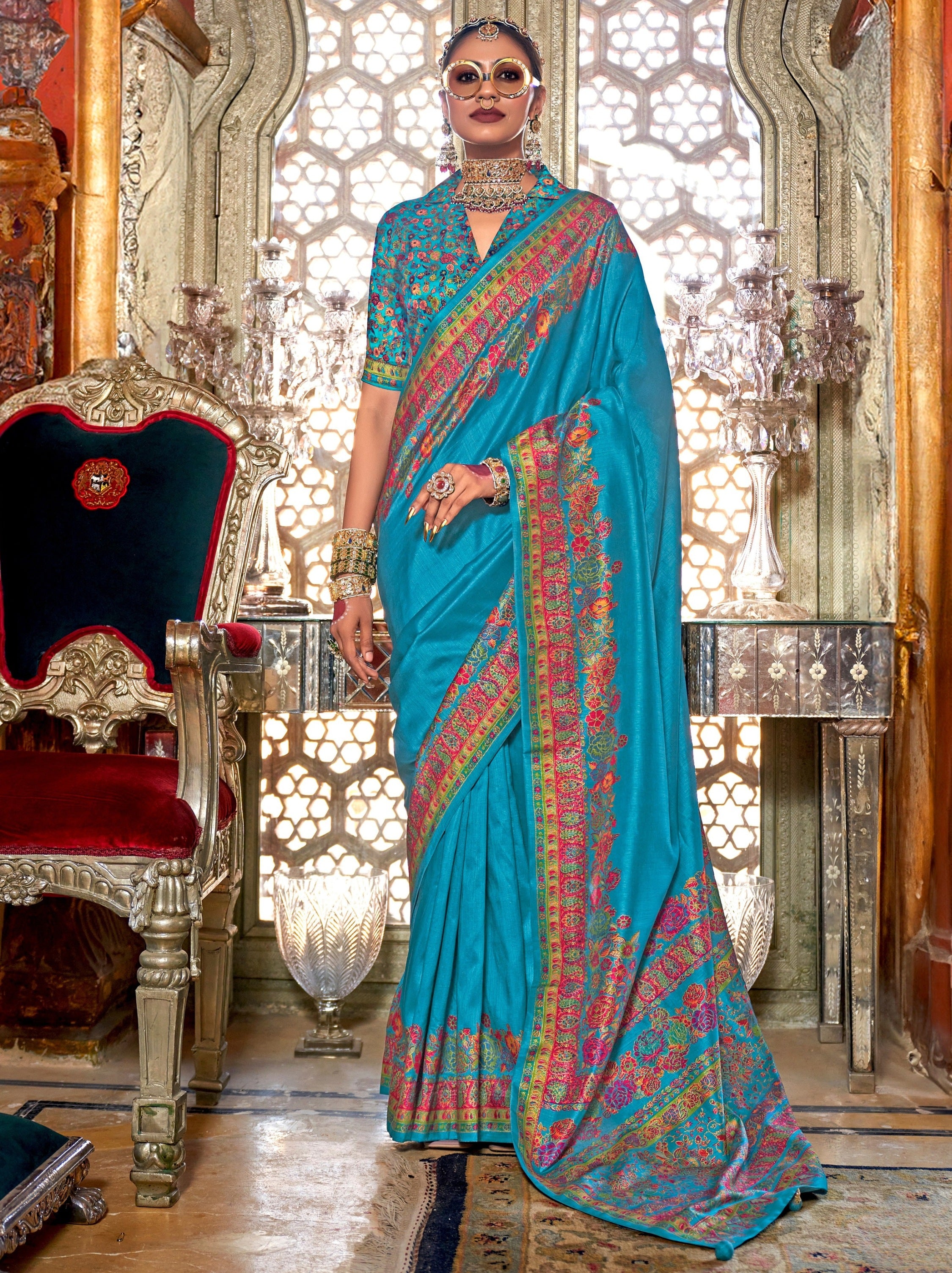 Olympic Blue Ethnic Designer Silk Saree With Blouse Piece - TrendOye