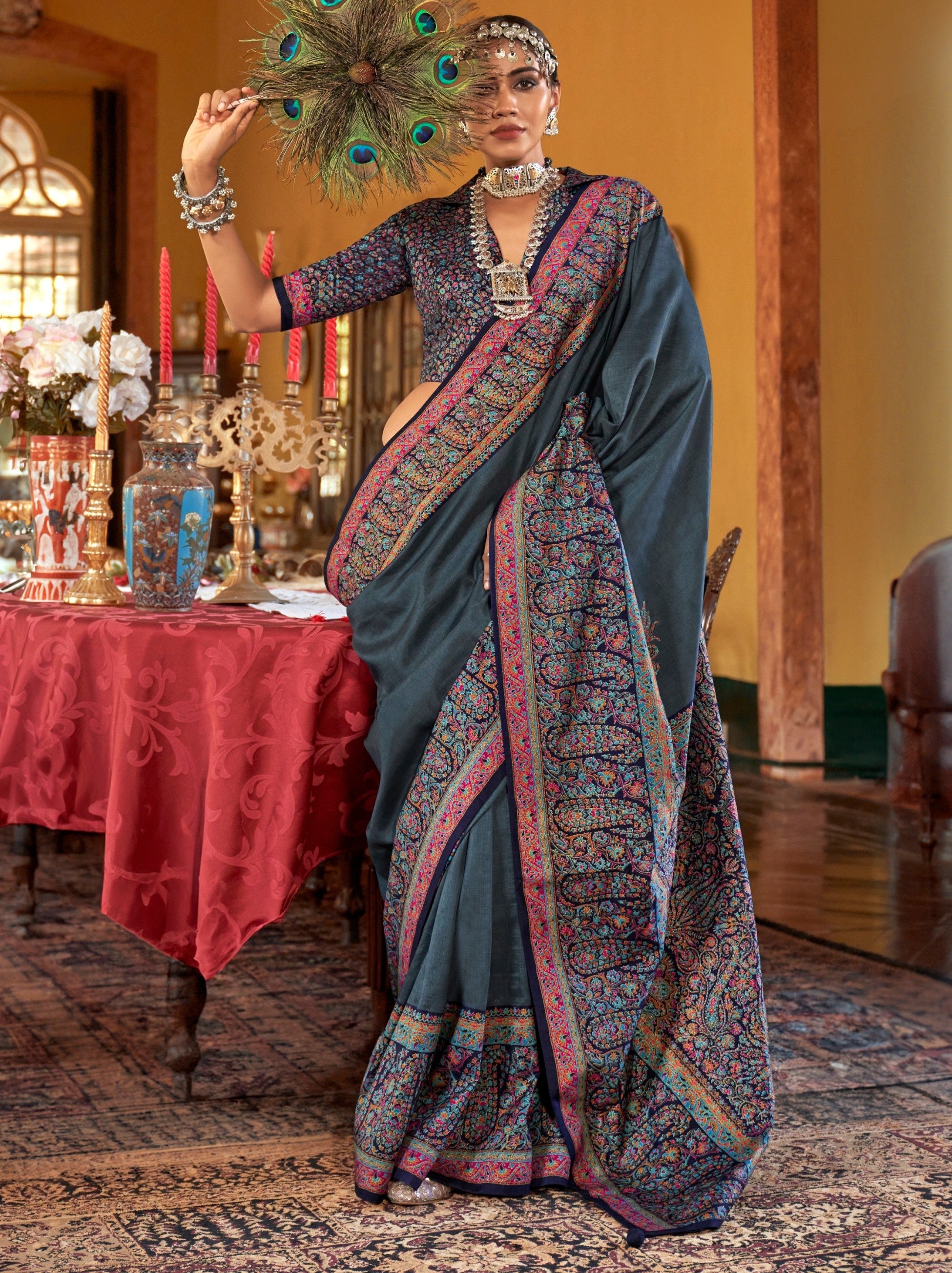 Pigeon Blue Ethnic Festive Silk Saree With Blouse Piece - TrendOye
