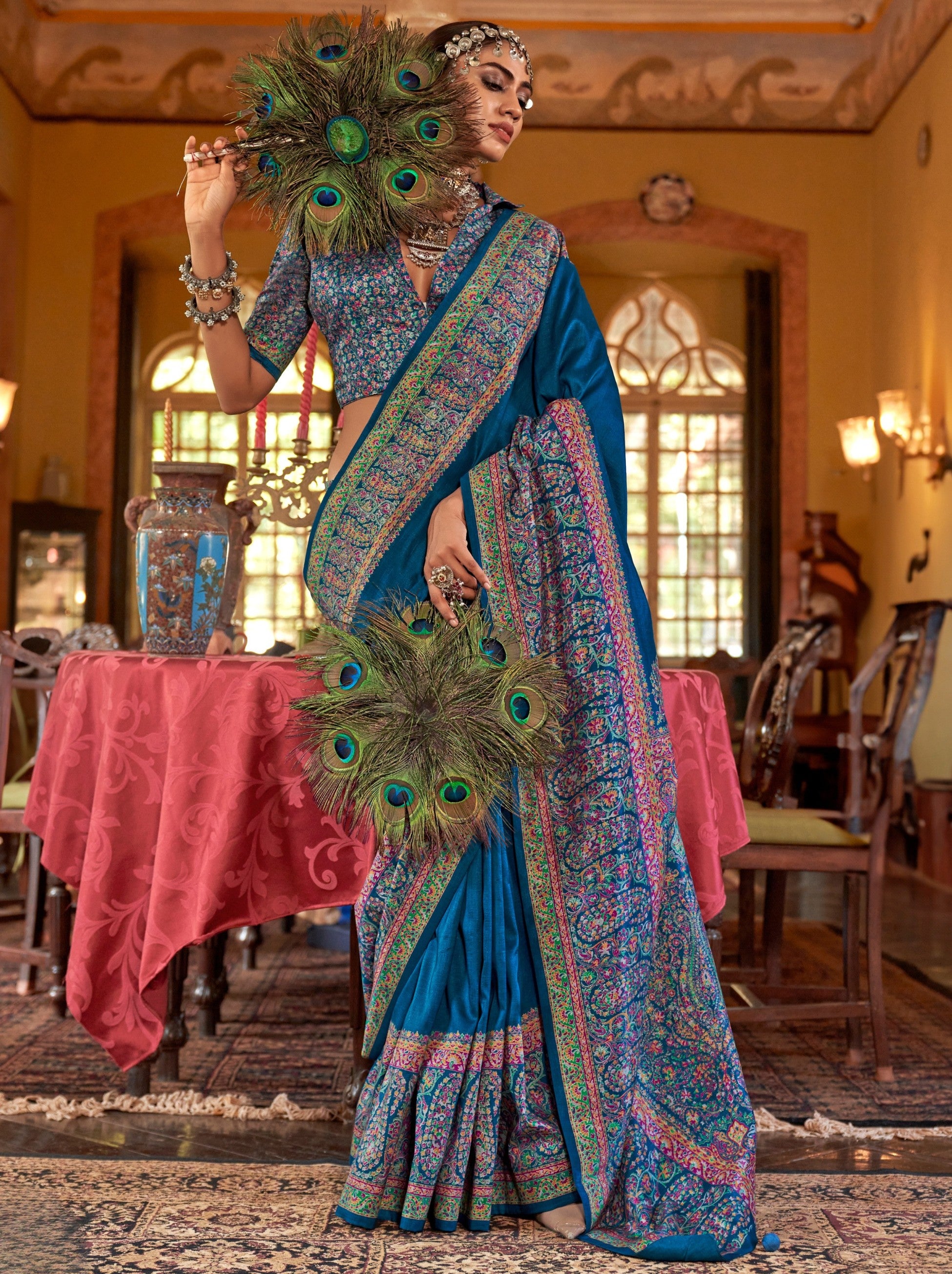 Royal Blue Ethnic Festive Silk Saree With Blouse Piece - TrendOye