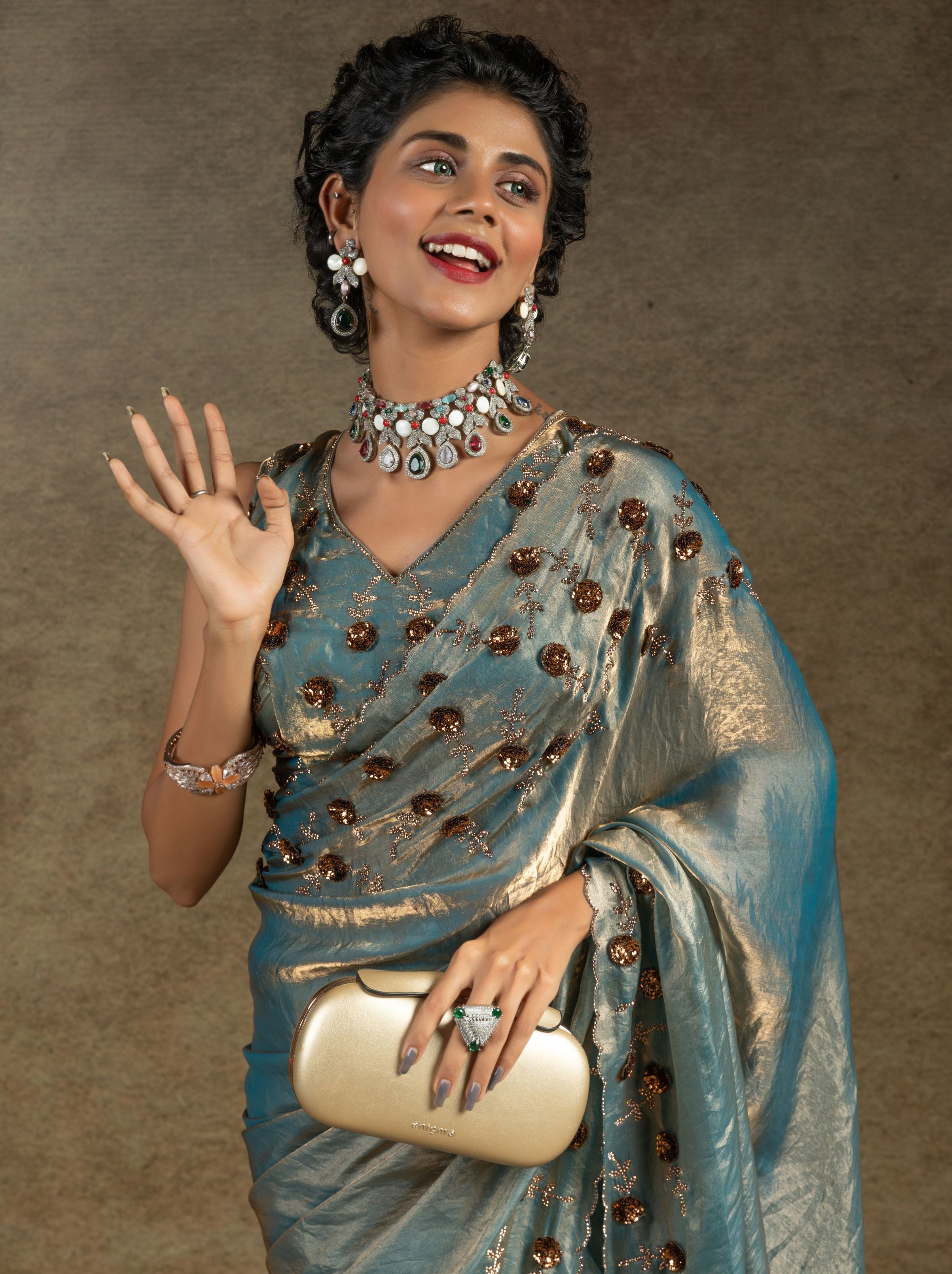 Air Force Blue Satin Silk Party Saree With Blouse Piece - TrendOye