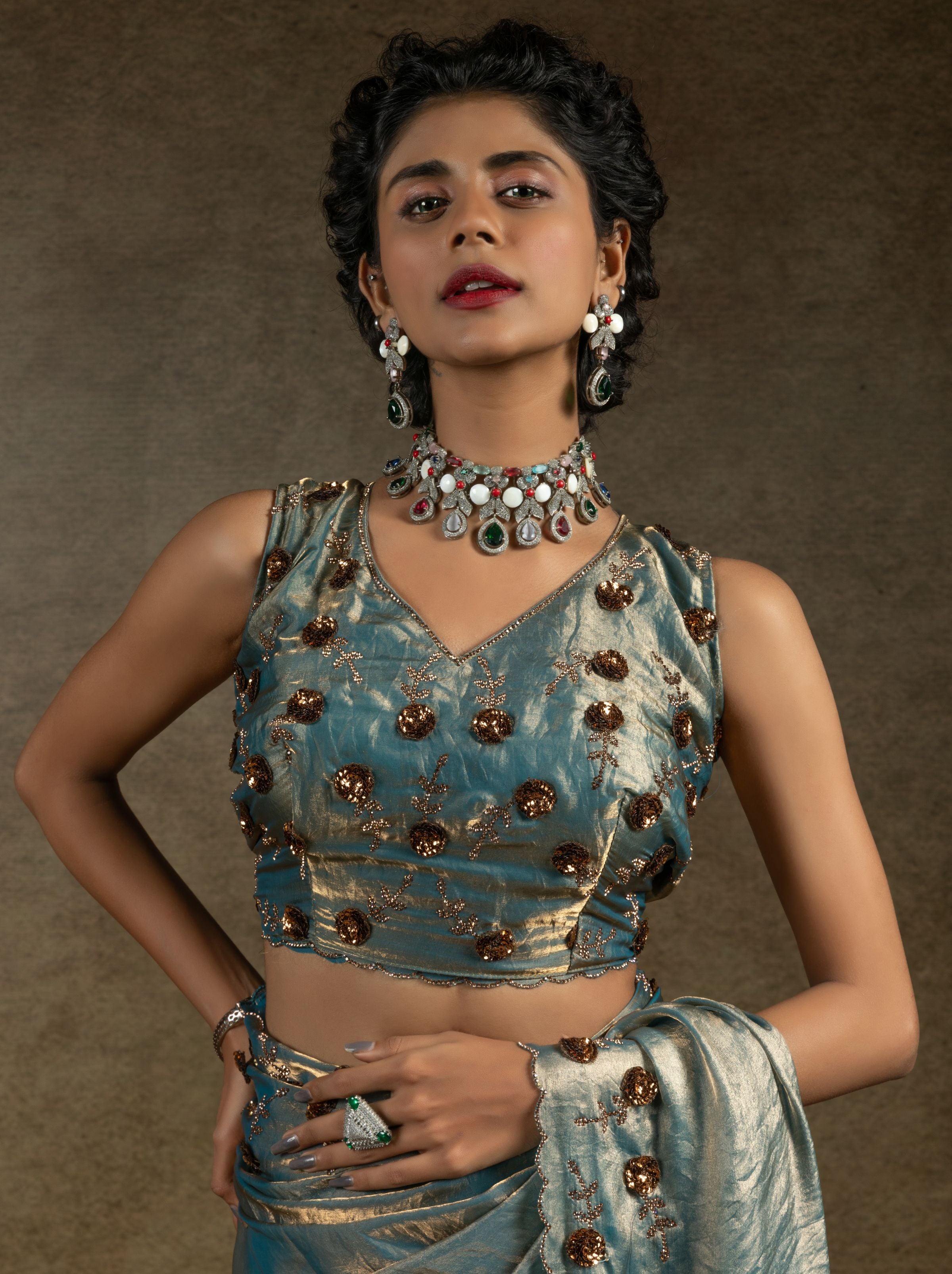 Air Force Blue Satin Silk Party Saree With Blouse Piece - TrendOye